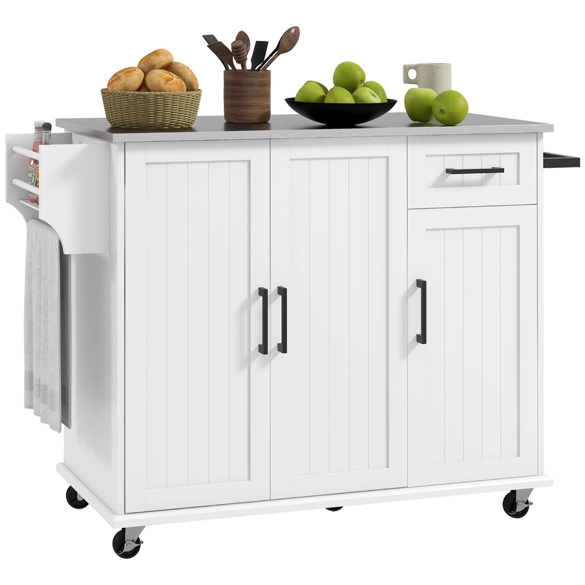 HomCom 801-341V80WT Kitchen Island on Wheels  Rolling Kitchen Cart with Stainless Steel Countertop  Drawer  Storage Cabinets  Spice Rack and Towel Rack  White