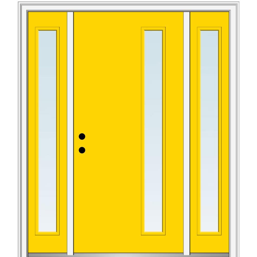 MMI DOOR ZZ345918R Spotlights 60-in x 80-in x 4-9/16-in Fiberglass Pulse lite Right-hand inswing Yellow Flash Painted Prehung Front Door with Sidelights with Brickmould Insulating core