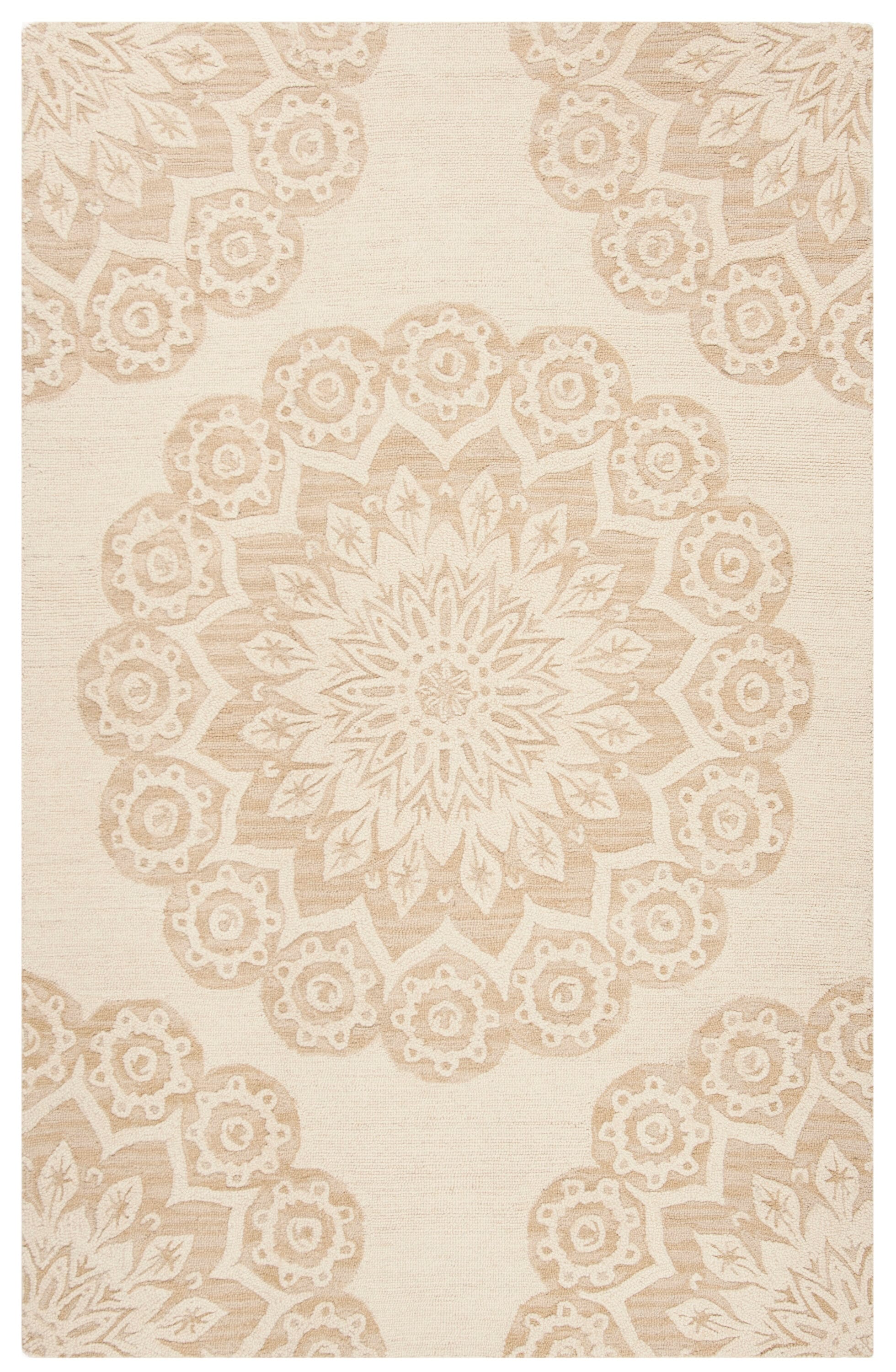 Handmade Ivory Floral Tufted Wool-Cotton Blend Area Rug, 5' x 8'