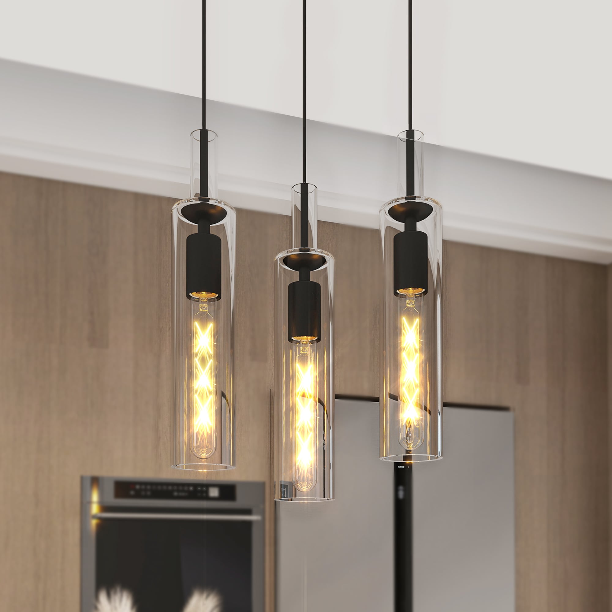 GDFStudio 3 Pack Black Pendant Lights Kitchen Island   Adjustable Modern Glass Pendant Light Over Island  Industrial Pendant Light Fixtures for Dining Room Hallway Bedroom Living Room