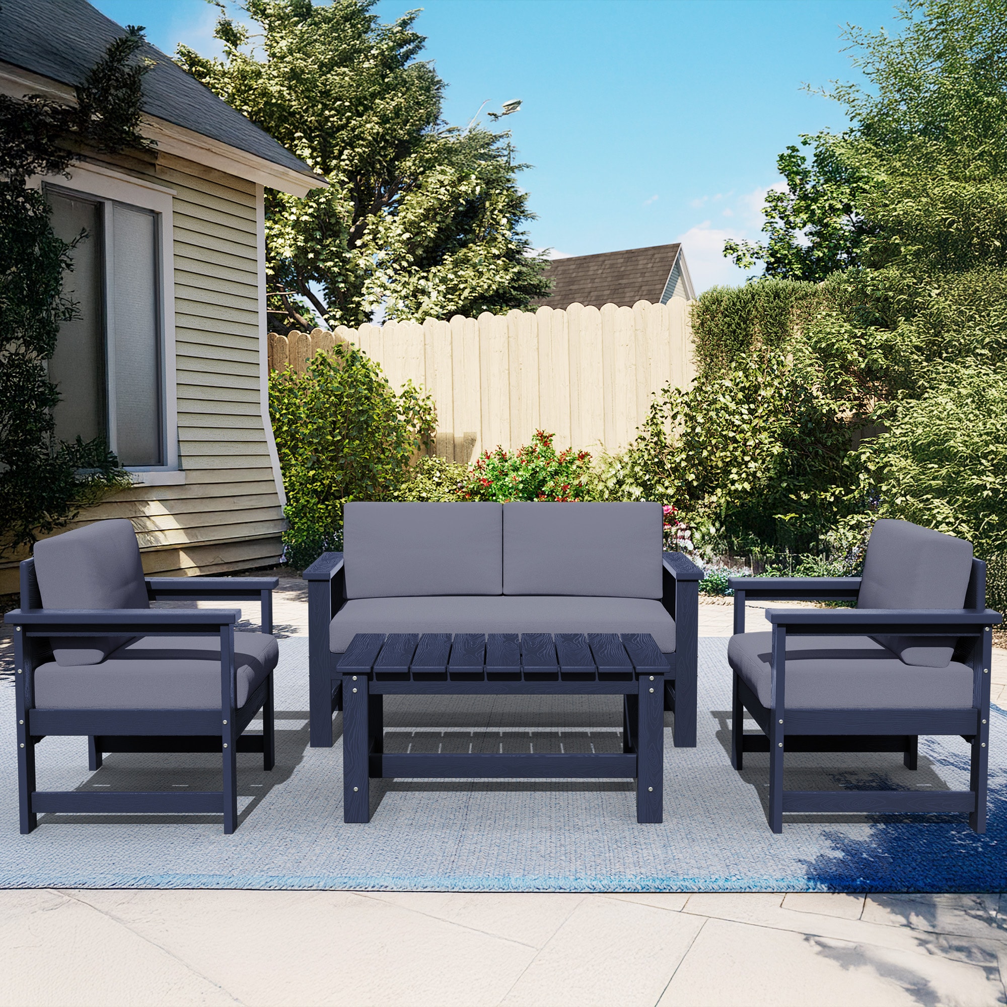 VOUA JJSF04-NG HDPE Outdoor Sofa Set for 4 with Coffee Table 4 -Piece Patio Conversation Set with Gray Cushions