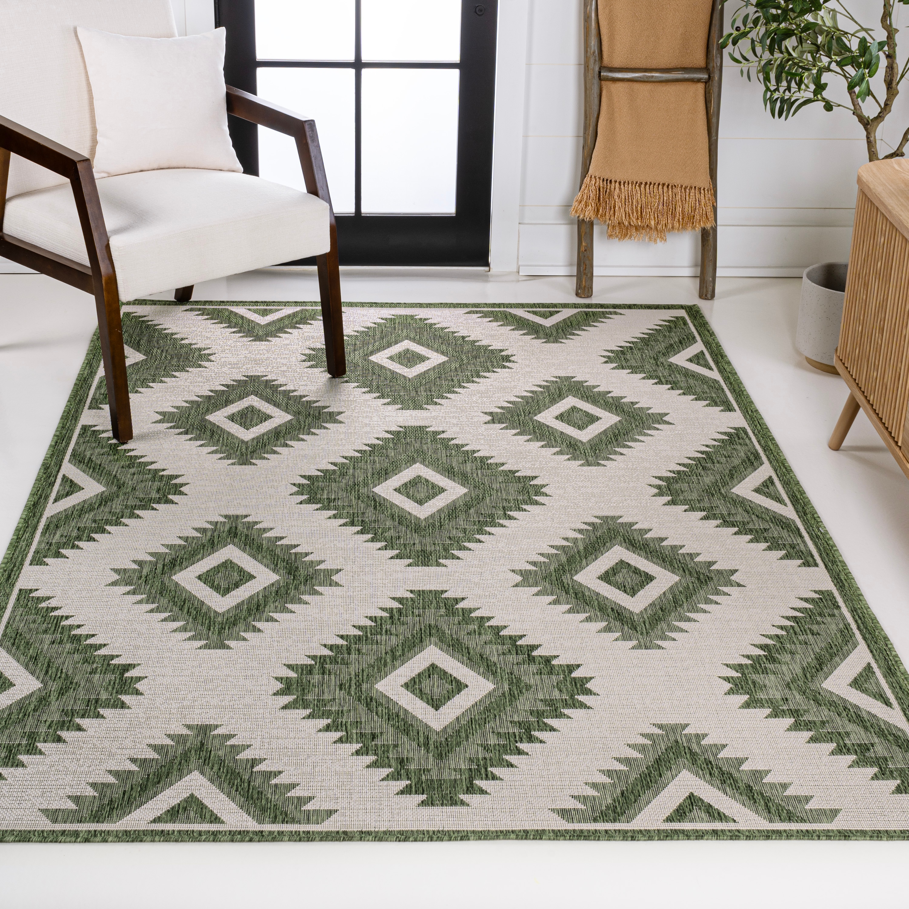 JONATHAN  Y TSN202D-5 TUSCAN SUN Lior Moroccan Diamond 5 x 8 (ft) Loomed Polypropylene Green/Cream Rectangular Indoor/Outdoor Border Farmhouse/Cottage Area rug