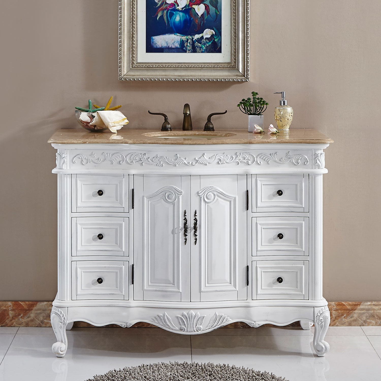 48-in Antique White Undermount Single Sink Bathroom Vanity with Travertine Top in Off-White | - Silkroad Exclusive HYP-0152-T-UIC-48
