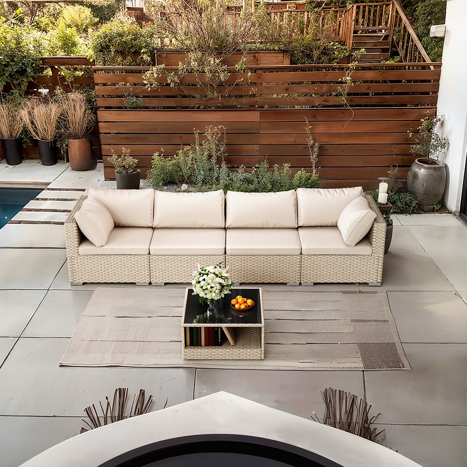 SINOFURN SYA010335BL Wicker Outdoor Sectional with Beige Cushions and Wicker Frame