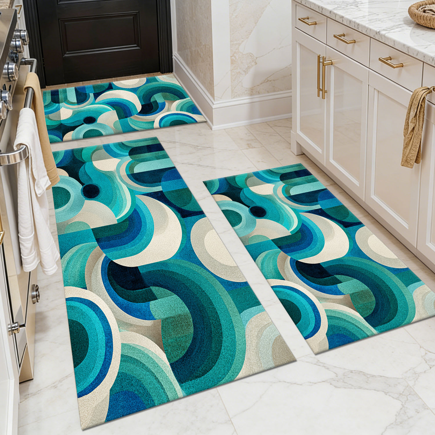TOBILI  20 X 32in 20 X 47in 20 X 60in Faux Cashmere Teal White Rectangular Indoor Abstract Wave Non Slip Washable Pet Friendly Rug Set of 3 Piece