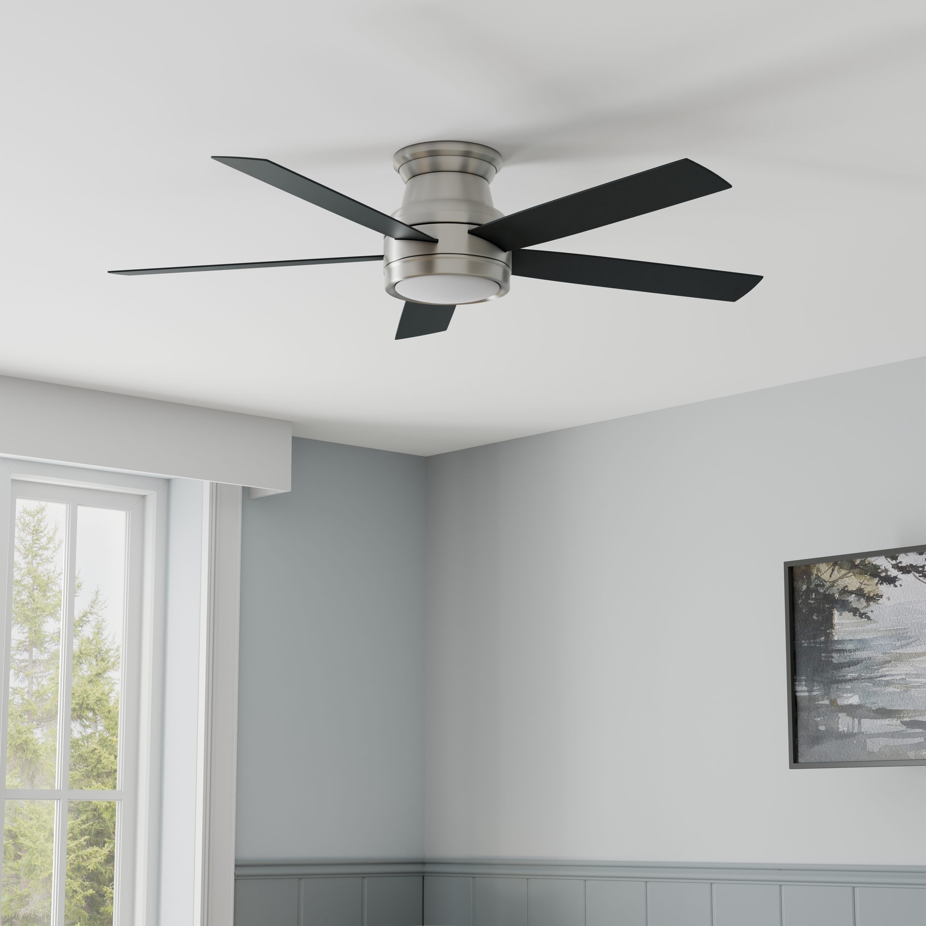 Harbor Breeze CAL52BNK5LR Calverton 52-in Color-Changing Integrated LED Flush Mount Brushed nickel with Matte Black/Auburn Blades Ceiling Fan With Light - Remote Included ( 5 -Blade )