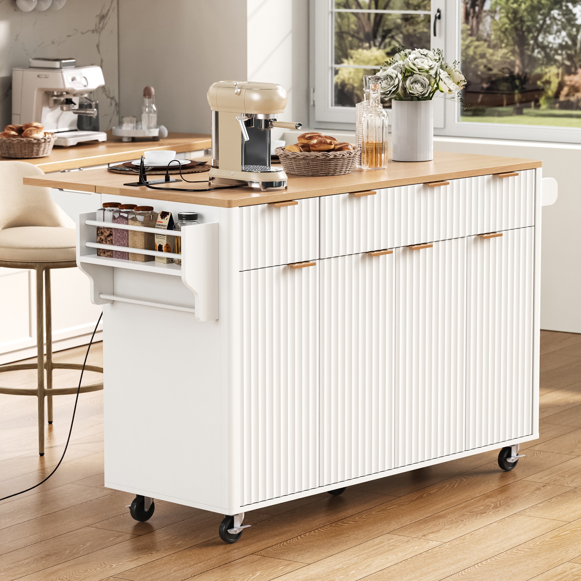 Runesay White Wood Base with MDF Wood Top Rolling Kitchen Island ( 28.75-in x 55.5-in x 35.9-in )