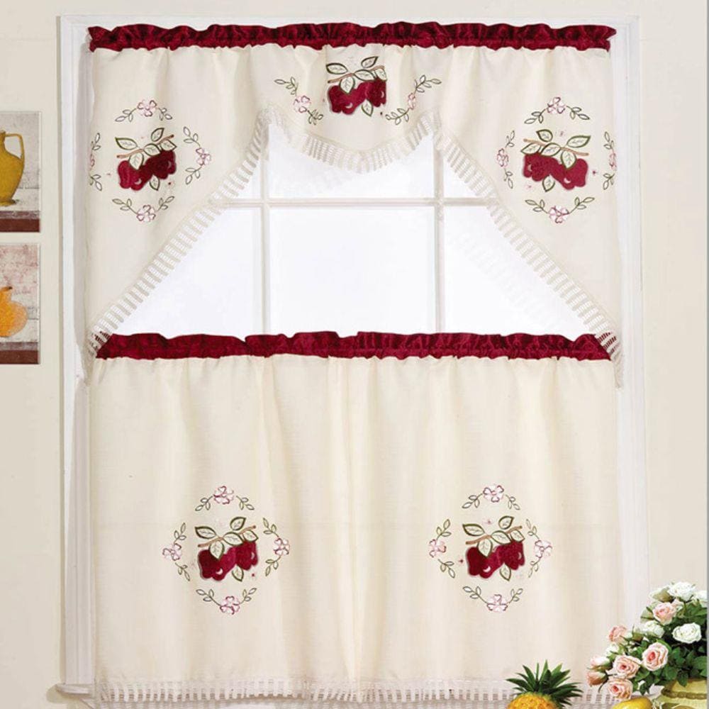 RT Designers Collection KCR01163 Red Apple Jubilee Kitchen Curtain 36-Inches Red/Green/White Polyester Rod pocket Valance and tier set