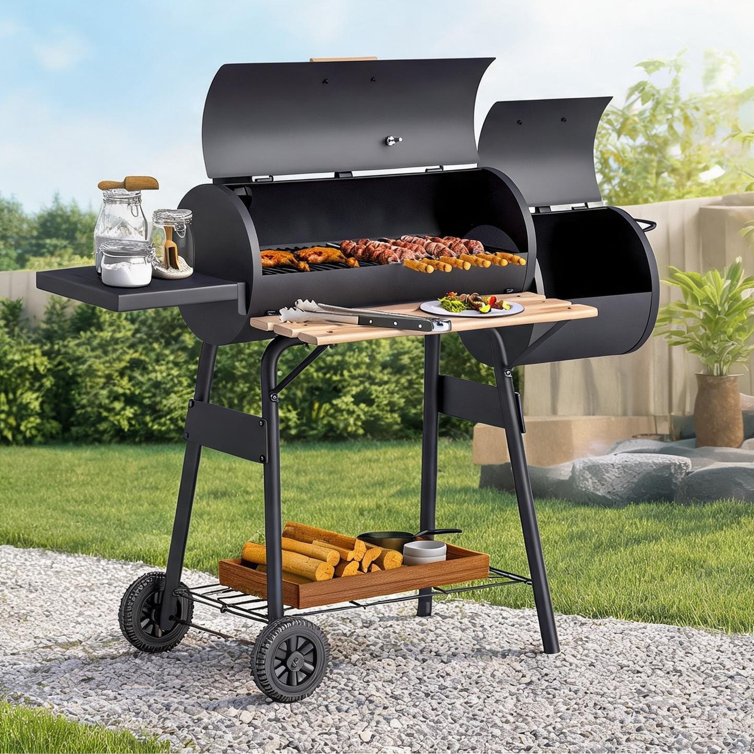 FlowLuxe Black Grill with Storage Shelving and Solid Wood Detail Metal Frame for Outdoor Space
