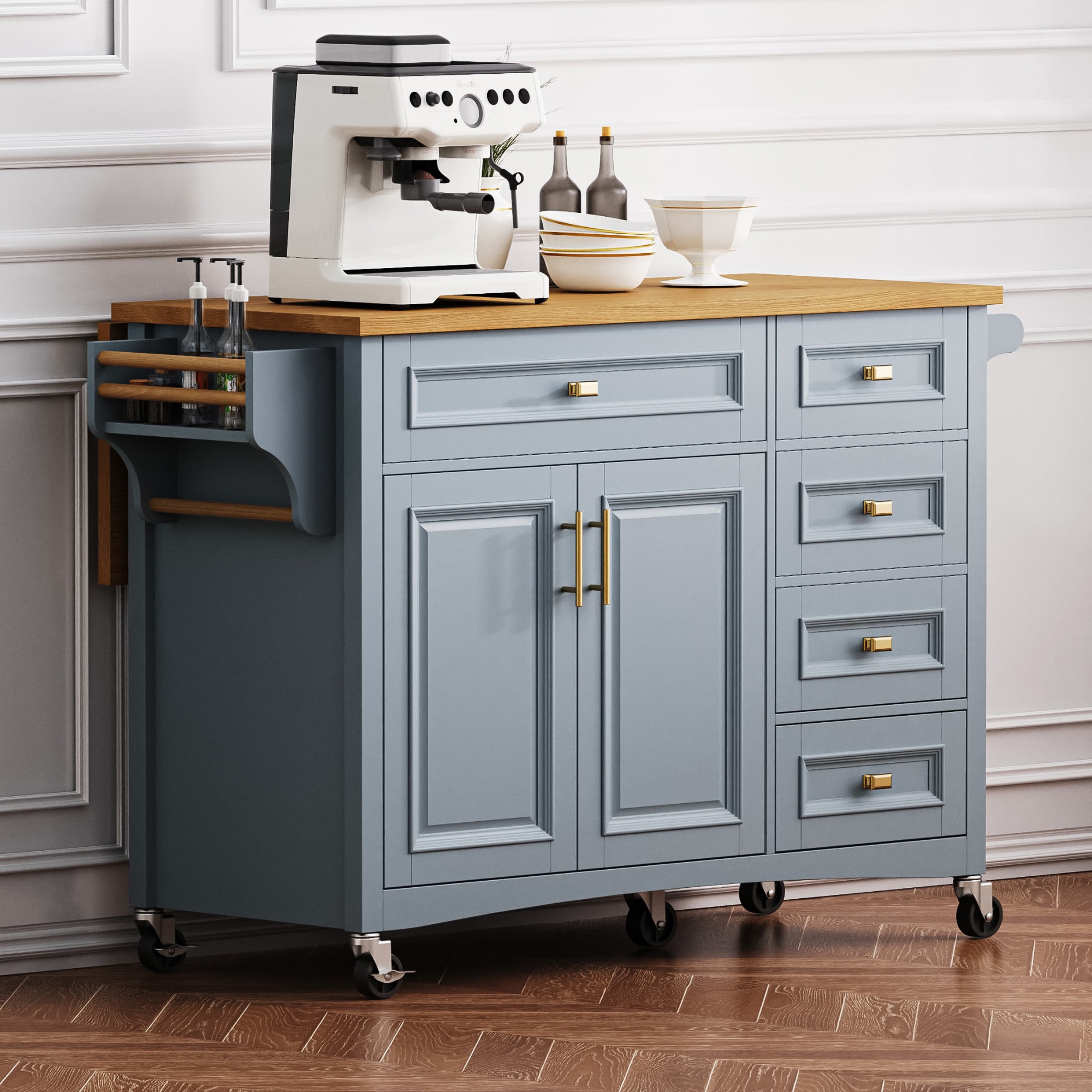 Nestfair Blue MDF Base with MDF Wood Top Rolling Kitchen Cart ( 30-in x 52-in x 37-in )