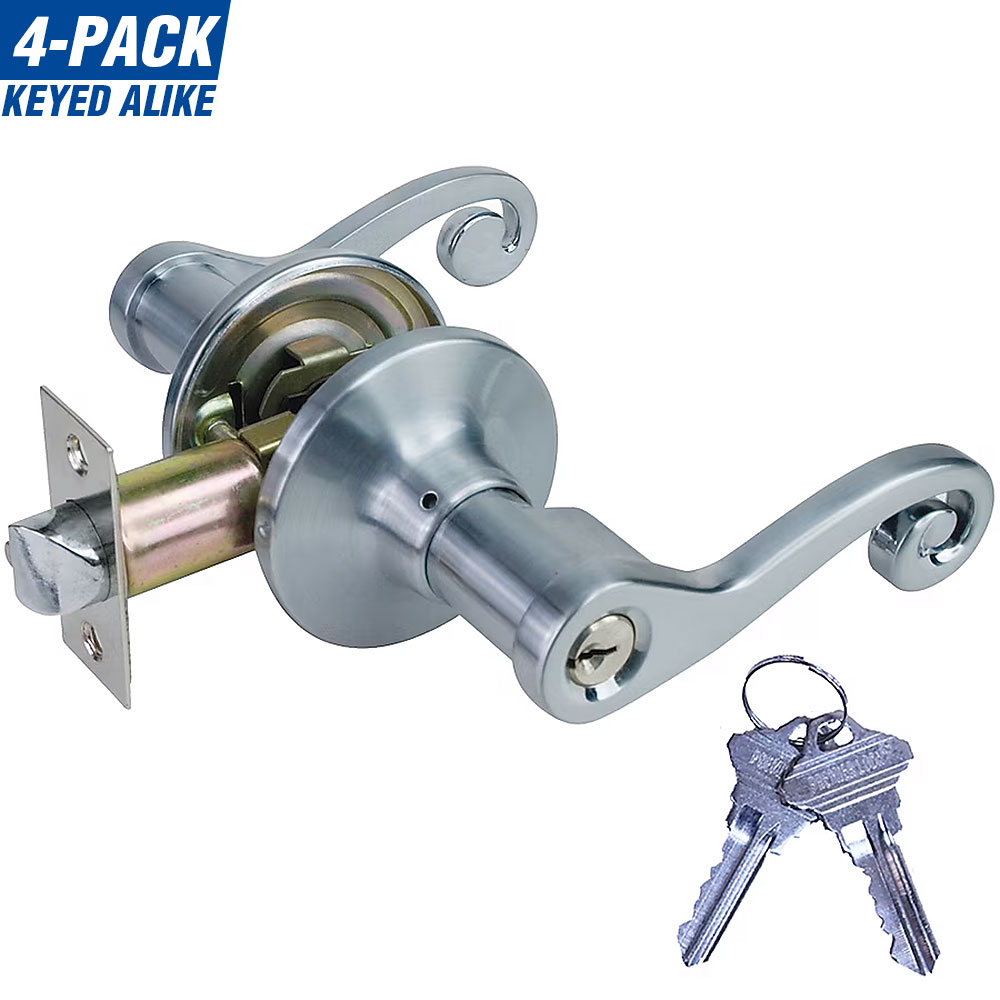 Premier Lock LEV06X-4 Satin Nickel Universal Interior Hall/Closet Keyed entry Door Handle Multi-pack 4 -Pack