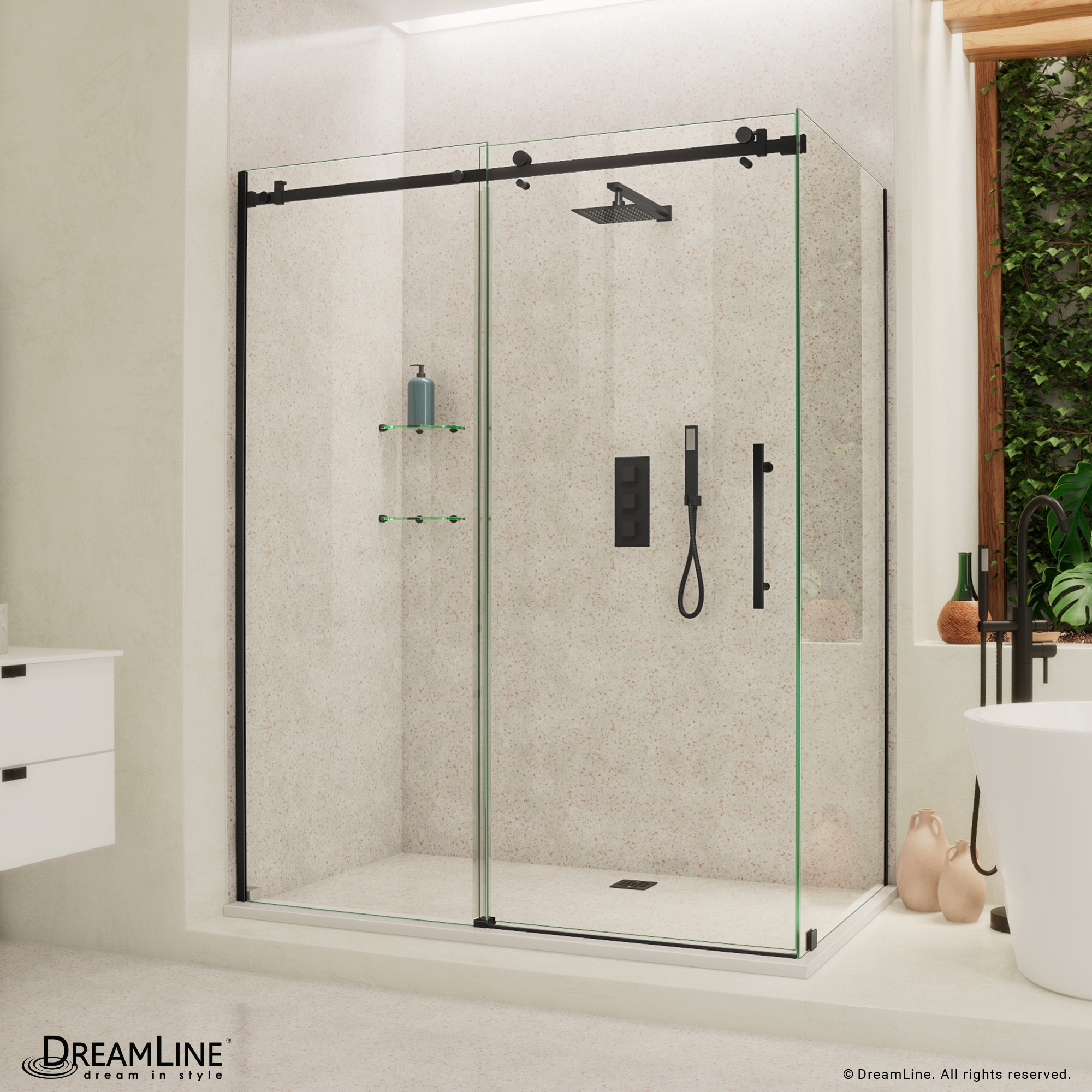 DreamLine Enigma Air Matte Black 56-3/8-in to 60-3/8-in W x 76-in H Frameless Clear Glass Corner Sliding Shower door