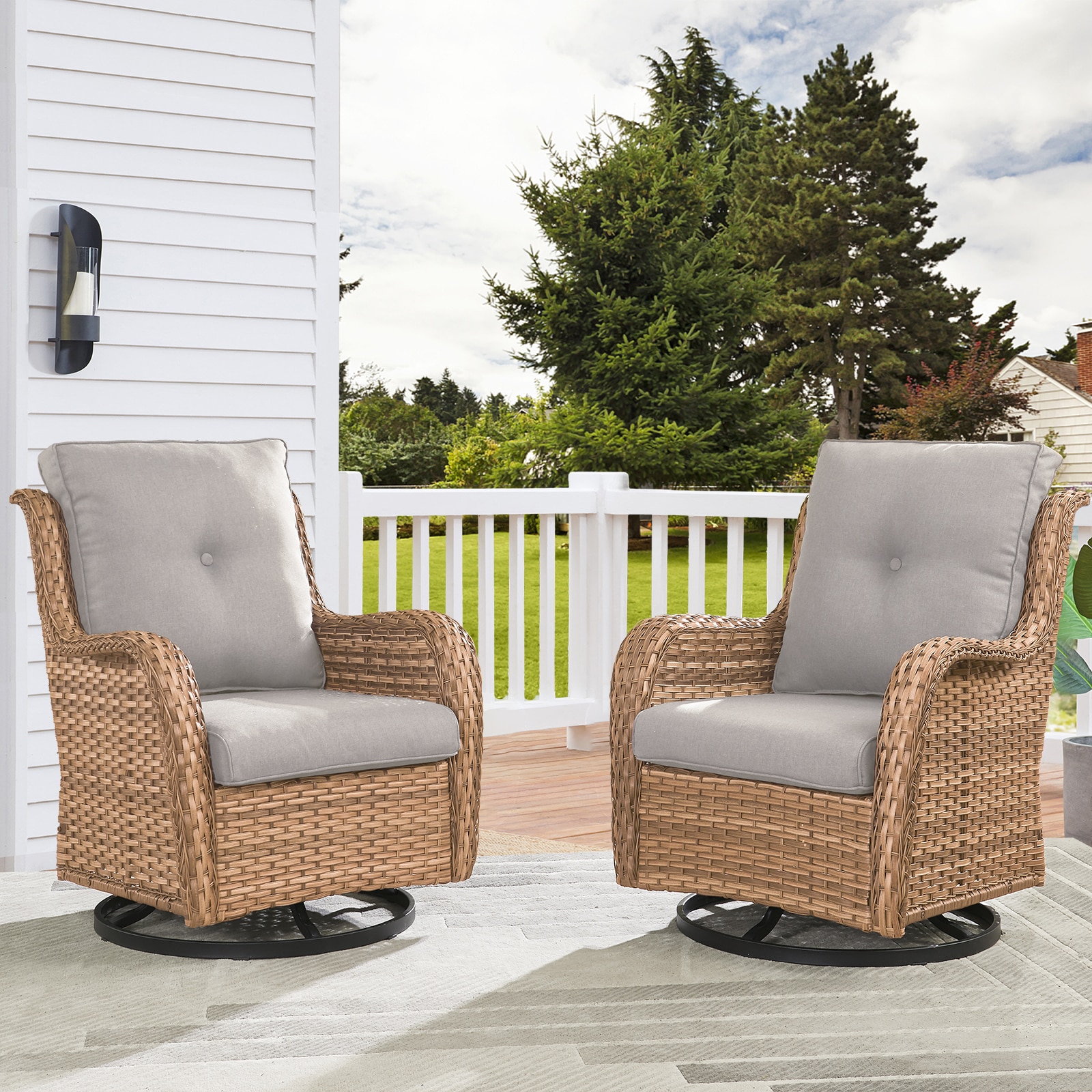 Pocassy PJ110-2 Set of 2 Wicker Yellow Steel Frame Swivel glider Conversation Chair with Beige Solid Seat