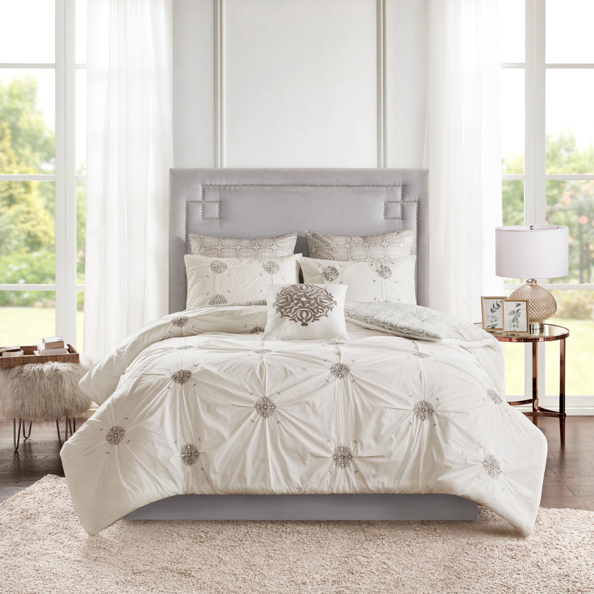 Roomfitters  6Piece King/Cal King Embroidered Cotton Reversible Comforter Bedding Set Ivory
