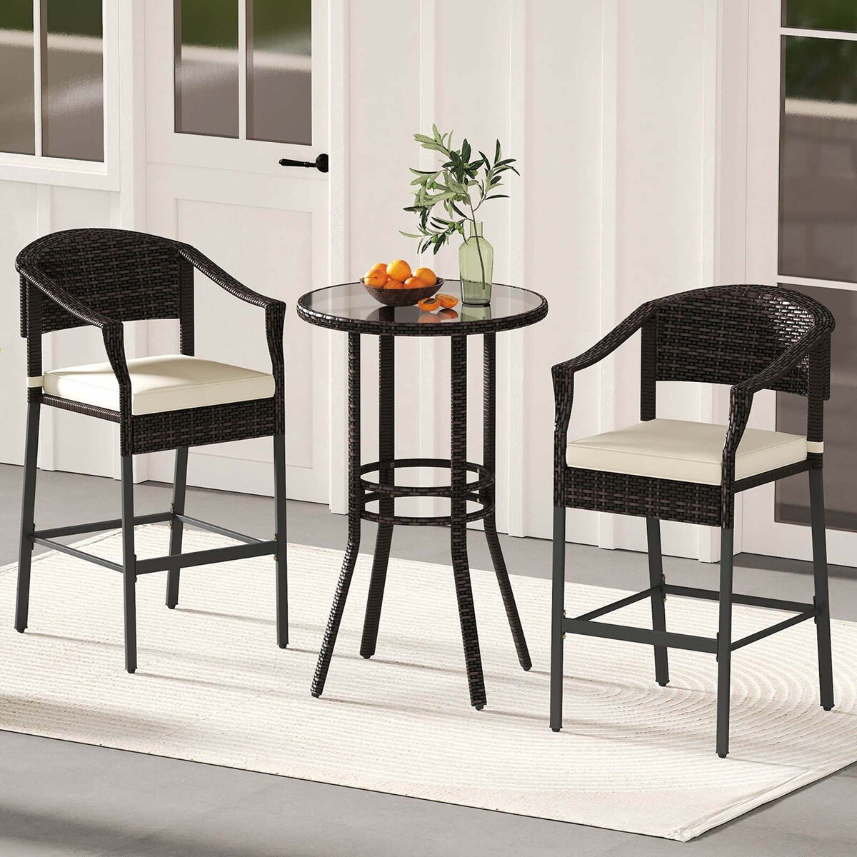 Costway HCST04944 3 PCS Patio Rattan Bar Set Wicker Armchairs and Round Table with Tempered Glass Top