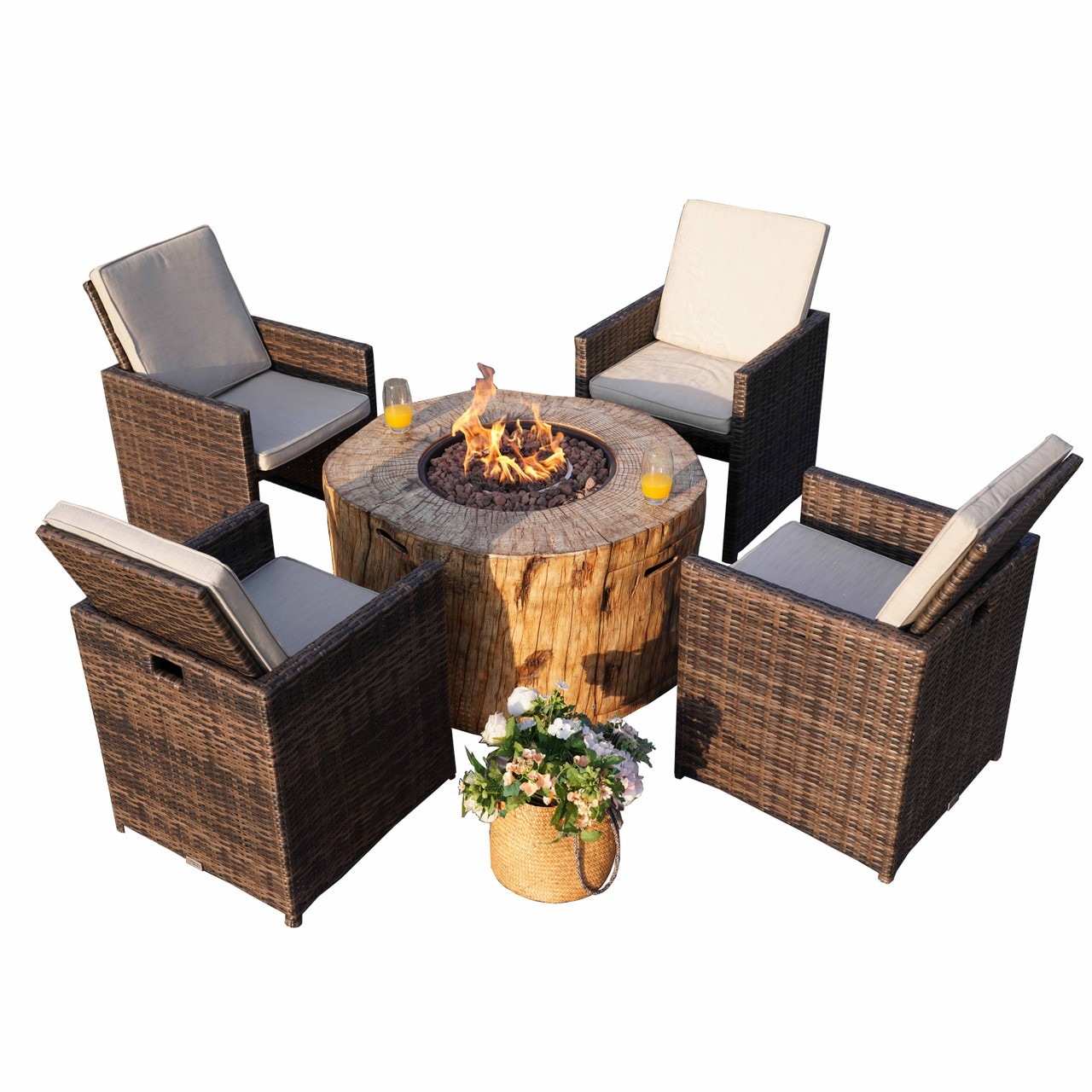 Direct Wicker DWG-218034C-BR 5 -Piece Brown Wicker Patio Dining Set Iron Oval Table with 4 Off-white Cushions Stationary Chairs Fire Pit Included