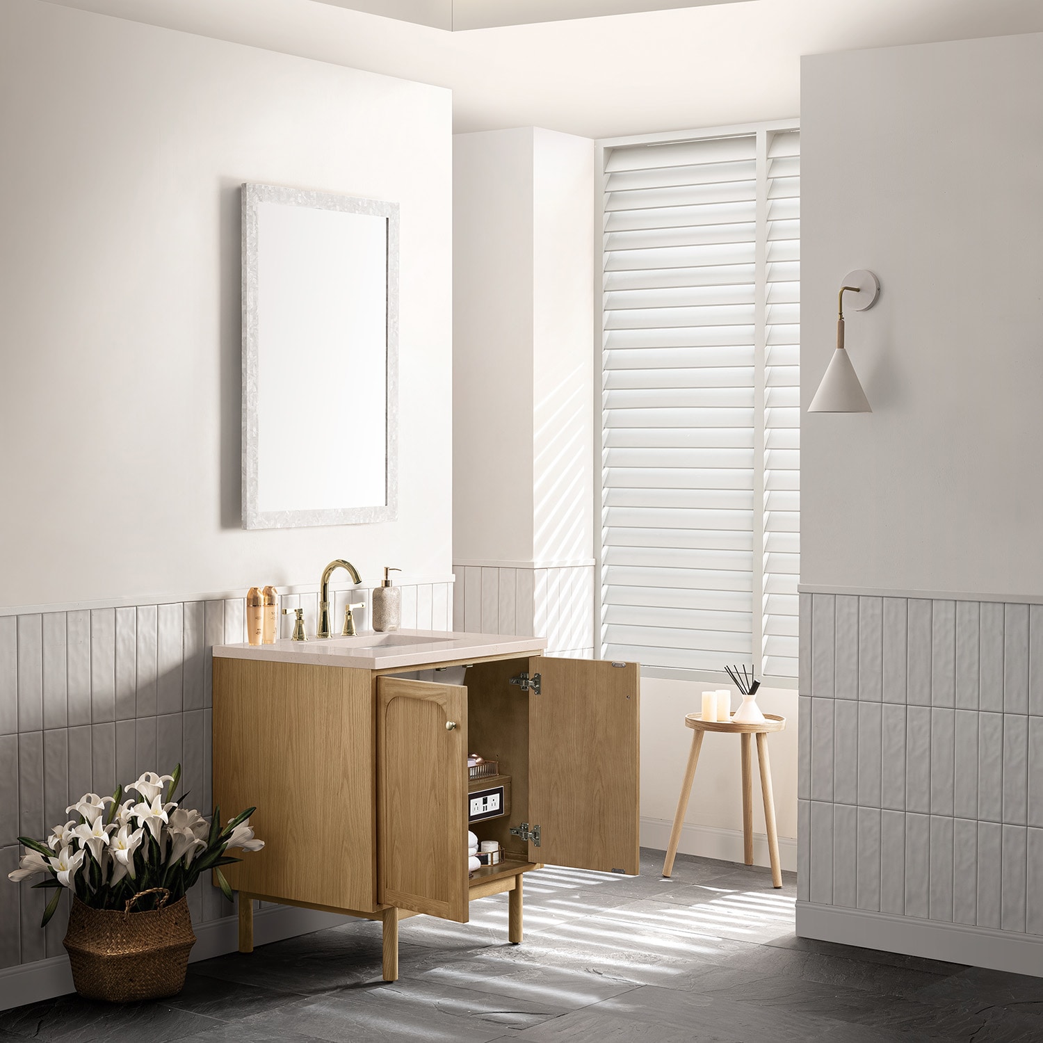 Laurent 30" Light Natural Oak Wall-Mount Single Vanity with Eternal Marfil Top
