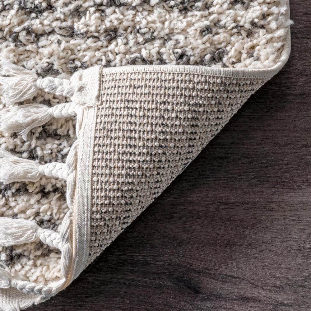 Off-White and Charcoal Synthetic Diamond Pattern Shag Runner Rug