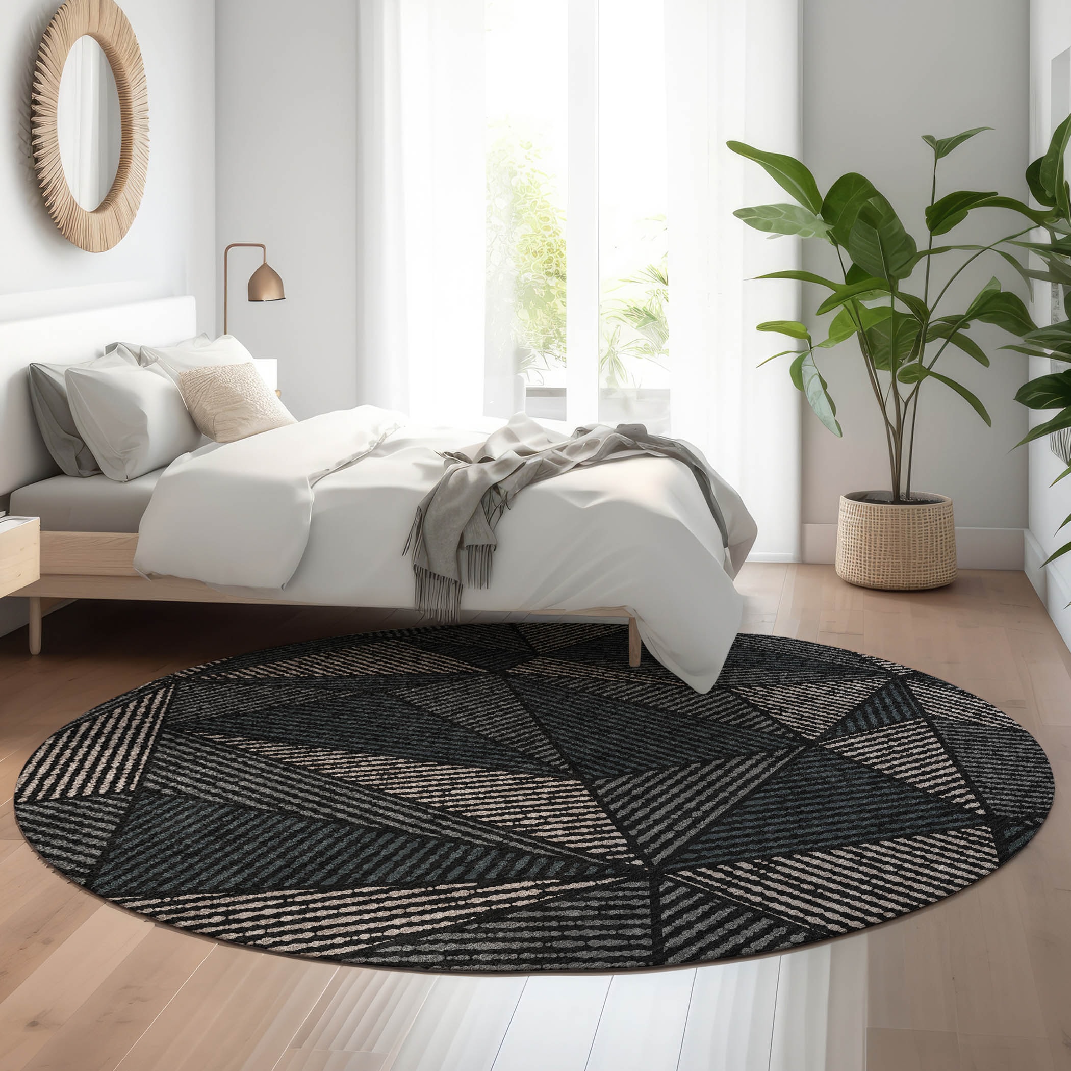 Addison Rugs AMF618BK8RO Mayfield AMF618BK 8 x 8 (ft) Loomed Polyester Black Round Indoor Geometric Machine washable Area rug