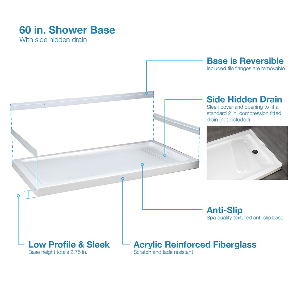 White Vida 60 X 36 Accessible Bathroom Shower Pan with Right Drain