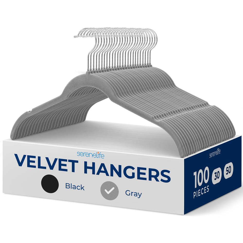 SereneLife  100 Pack Shirt Hangers Heavy Duty NonSlip Velvet Hangers with 360 Swivel Hooks Slim SpaceSaving Design for Tops Jackets Blouses and Strappy Dresses Gray