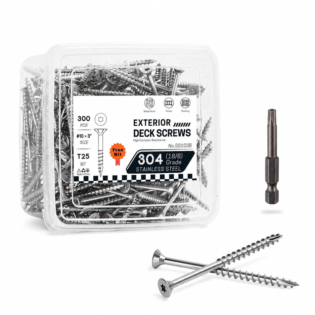 Etokfoks  Pressure Treated Stainless Steel 10x3 in Deck Screws T25 Star Torx Drive Flat Head for Outdoor Wood Fence 300