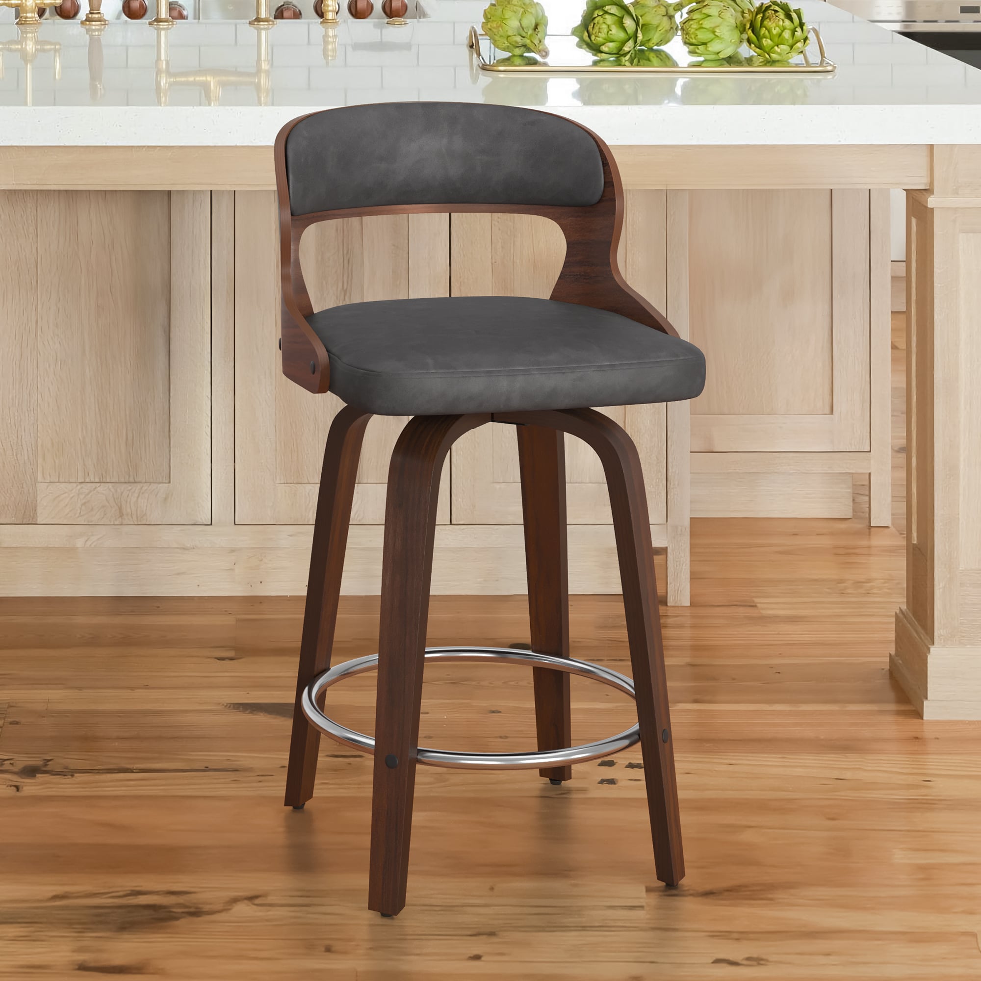 LUE BONA YB-097-05LS Gray/Faux Leather 26-in H Counter height (24-in to 27-in) Square Seat Upholstered Swivel Wood Back Bar Stool Back