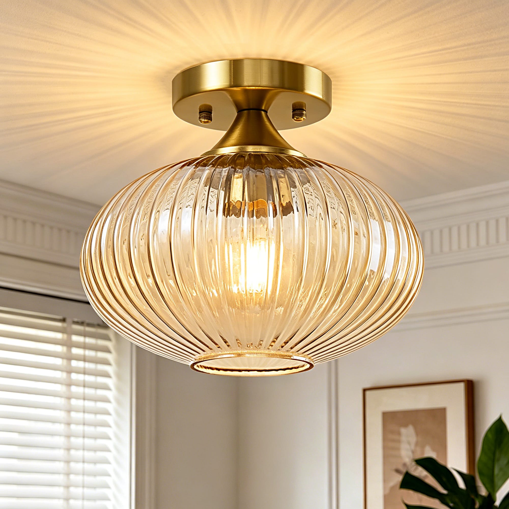 Lanmate  Amber Flush Mount Light Fixture Ribbed Glass Modern Farmhouse Hallway Ceiling Light 9.45-in