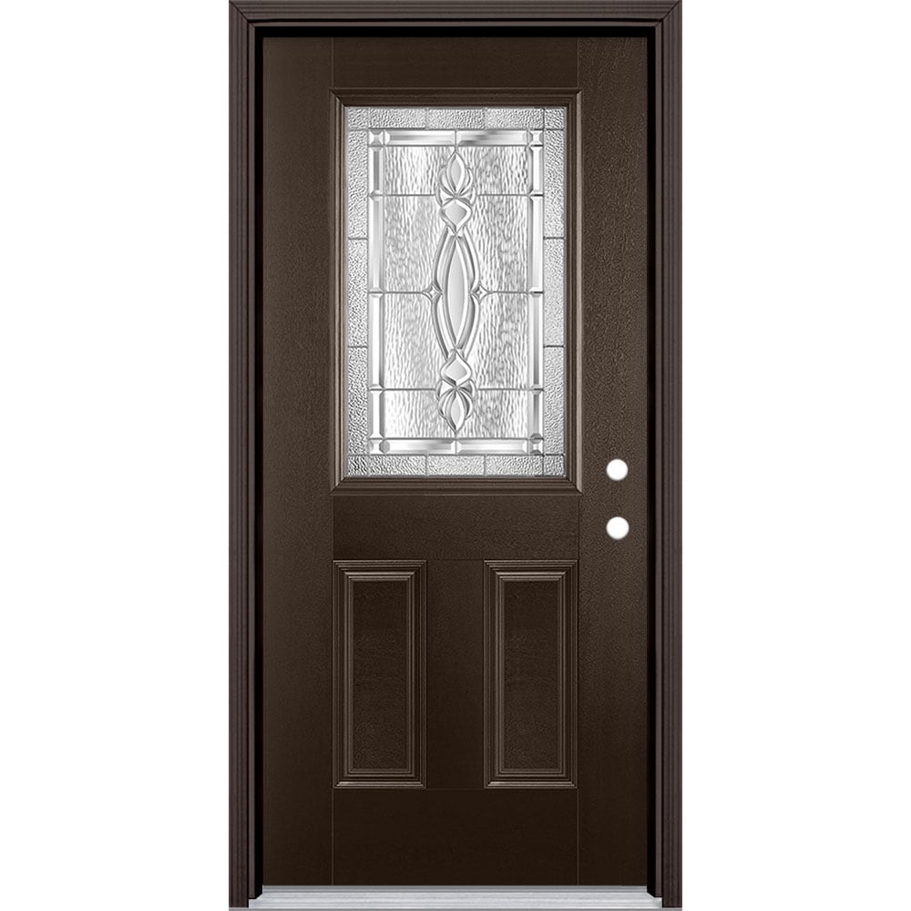 Masonite 3421743 Panama 36-in x 80-in x 4-9/16-in Fiberglass Half lite Left-hand inswing Walnut Stained Prehung Front Door with Brickmould Insulating core