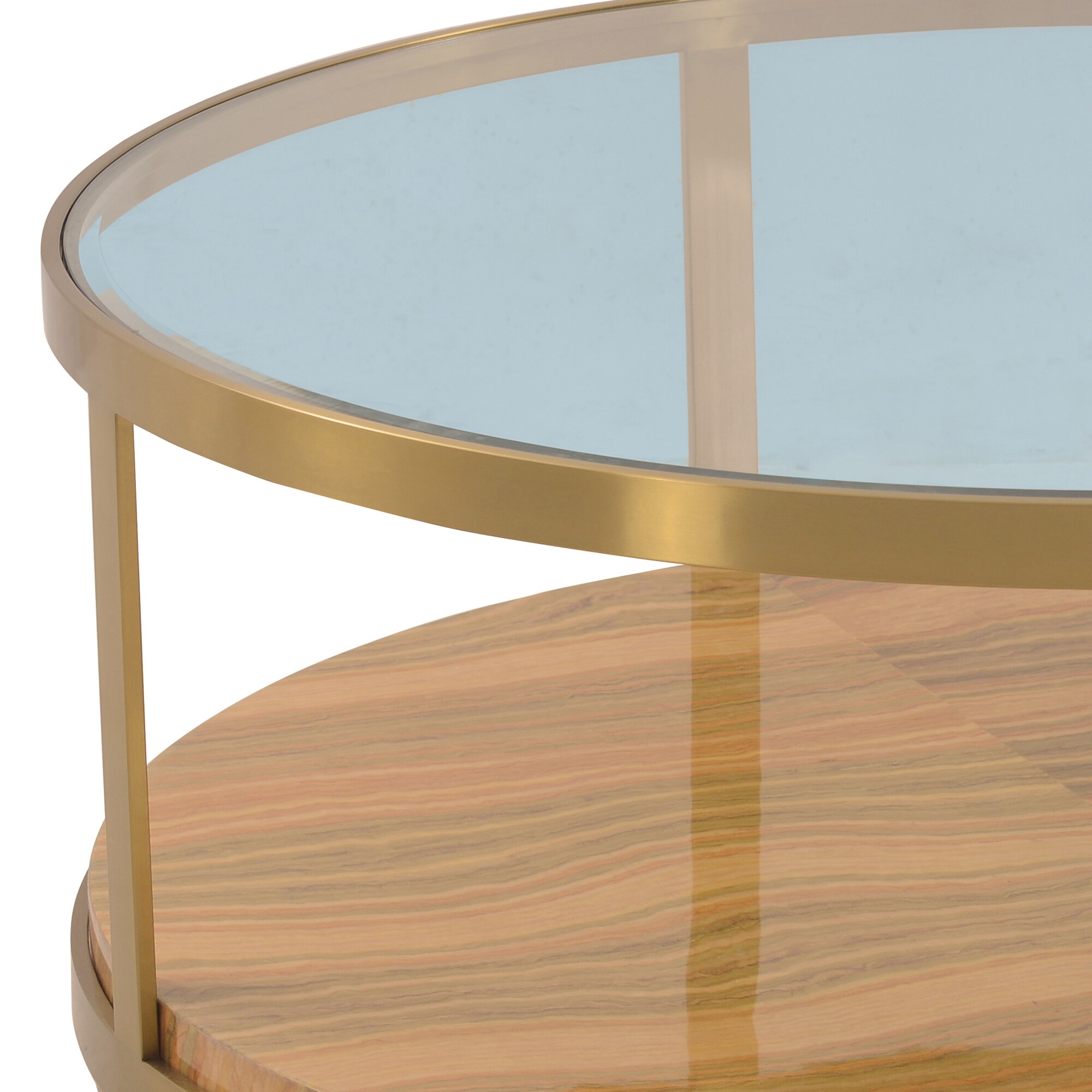 Hattie 43" Round Glass and Wood Coffee Table with Gold Storage Shelf