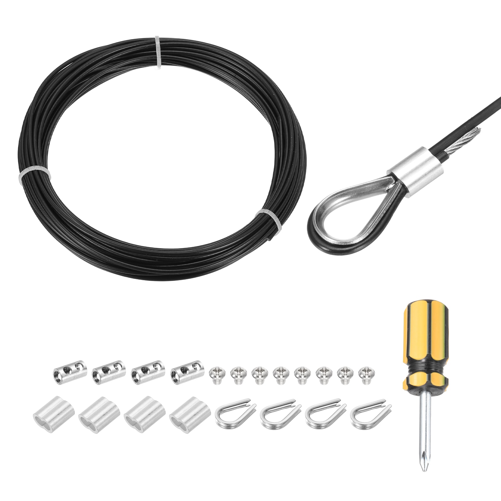 Unique Bargains 1Set 33ft Wire Rope 304 Stainless Steel Cable 3/32in 2mm Vinyl Coated with Cable Clamp Aluminum Sleeves and Thimble for Railing Decking Hanging Clothes Lines Black 10m #S26062400UX4050