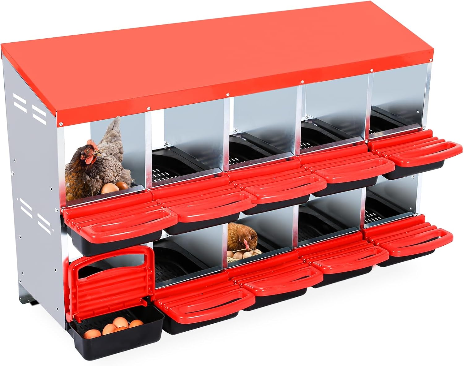 Qeetex WLS-PHO-33AC7JAJ Chicken Nesting Boxes 10 Hole Roll Away Nest Box for Chicken Coop Metal Egg Laying Box with Lid Cover Rollout Egg Collection Without Stand