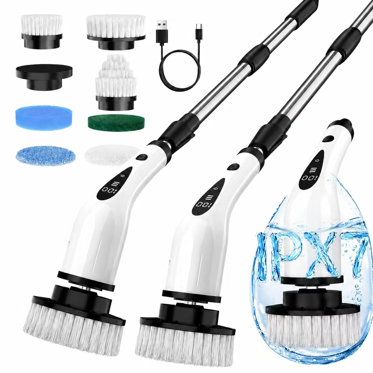 ITOPFOX  Electric Spin Scrubber 3 Speed Flat End Brush with 8 Brush Heads Base IPX7 Waterproof Adjustable Long Handle Digital Display Fast