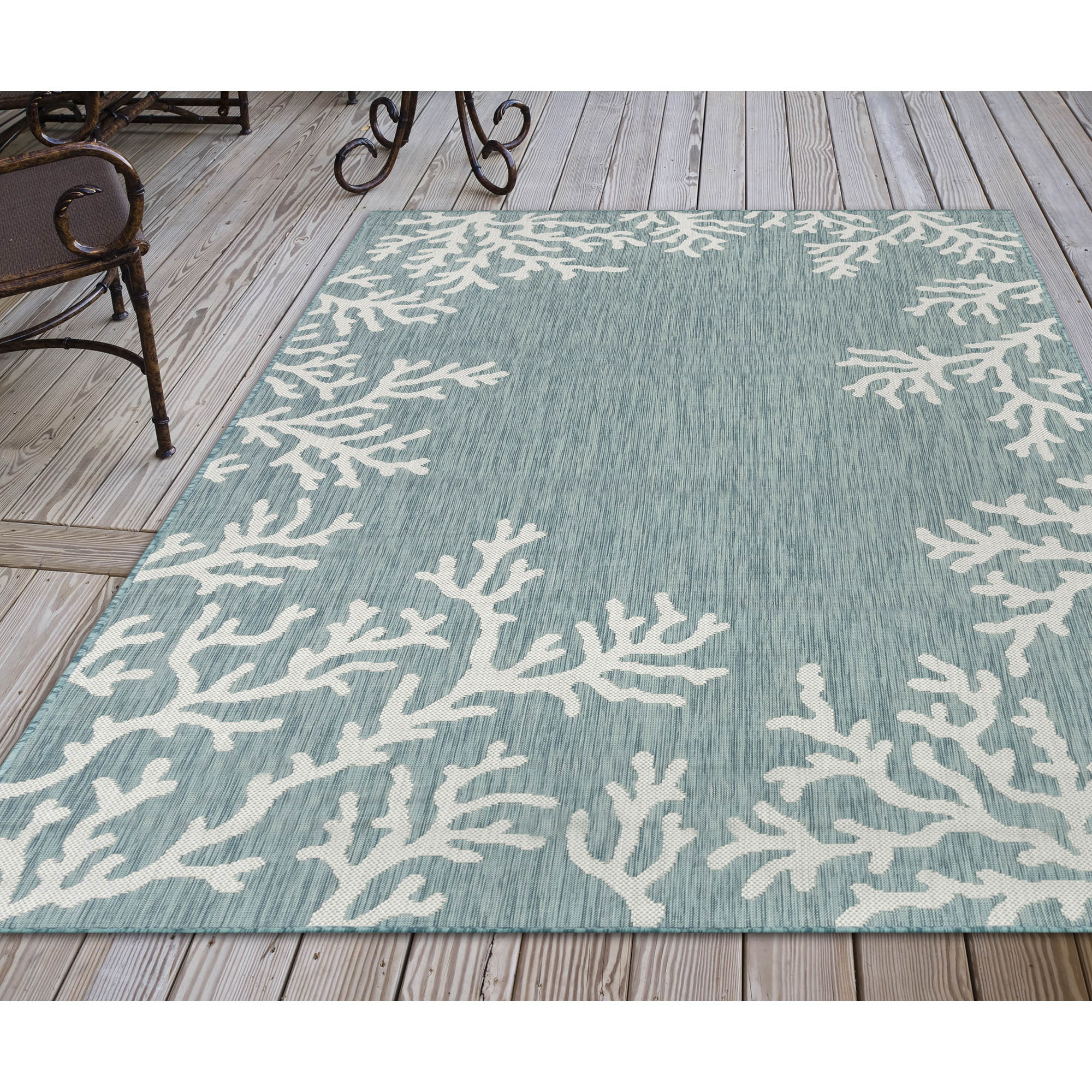 Liora Manne CRE69844804 Carmel 6 x 9 (ft) Polypropylene Aqua Rectangular Indoor/Outdoor Border Coastal Area rug