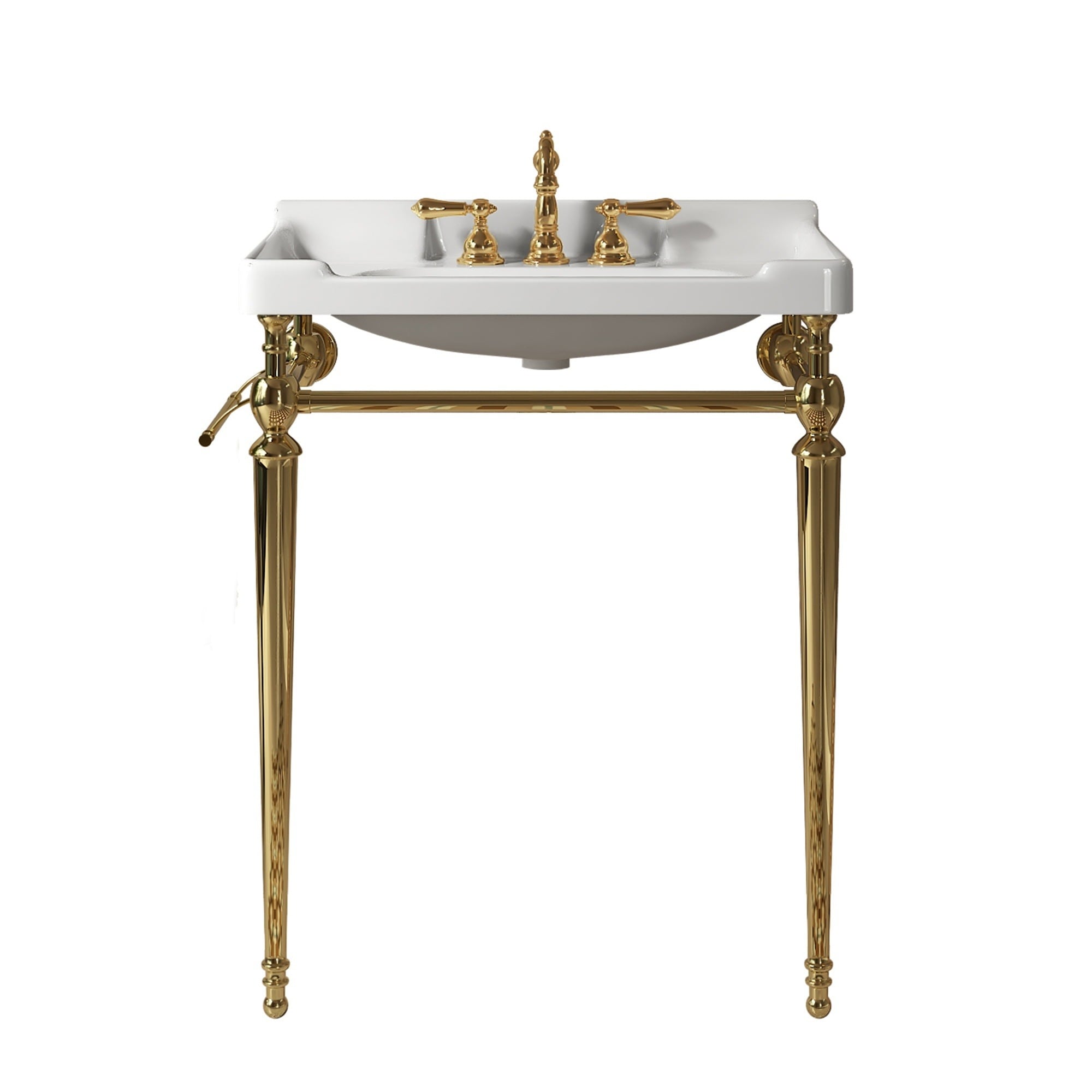 IAK 28 inch Gold and White Ceramic Wall-Mounted Bathroom Console Sink with 3 Pre-drilled Faucet Holes and Stainless Steel Support Legs