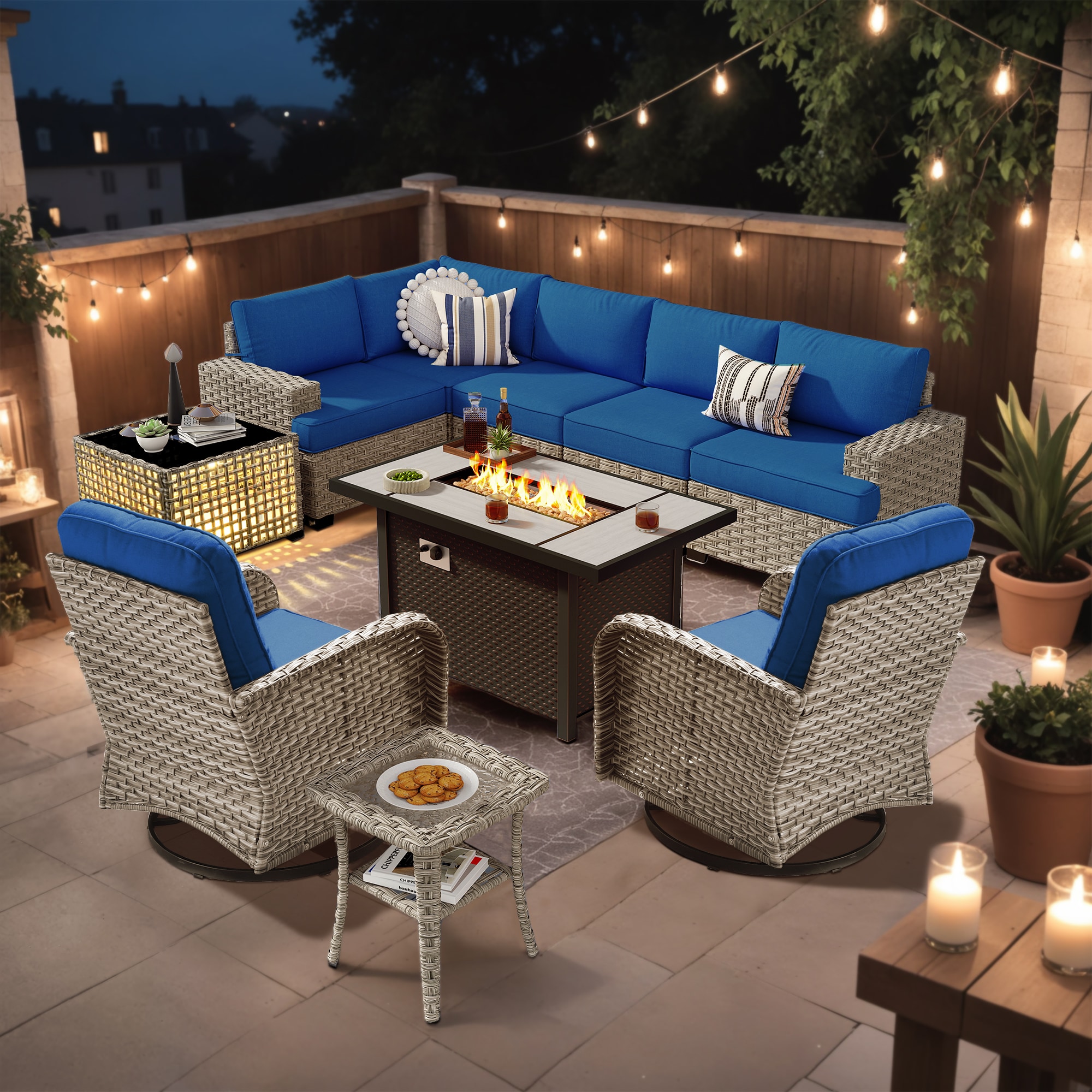 Ovios RFPTS709YV 10 -Piece Rattan Patio Conversation Set with Navy Cushions