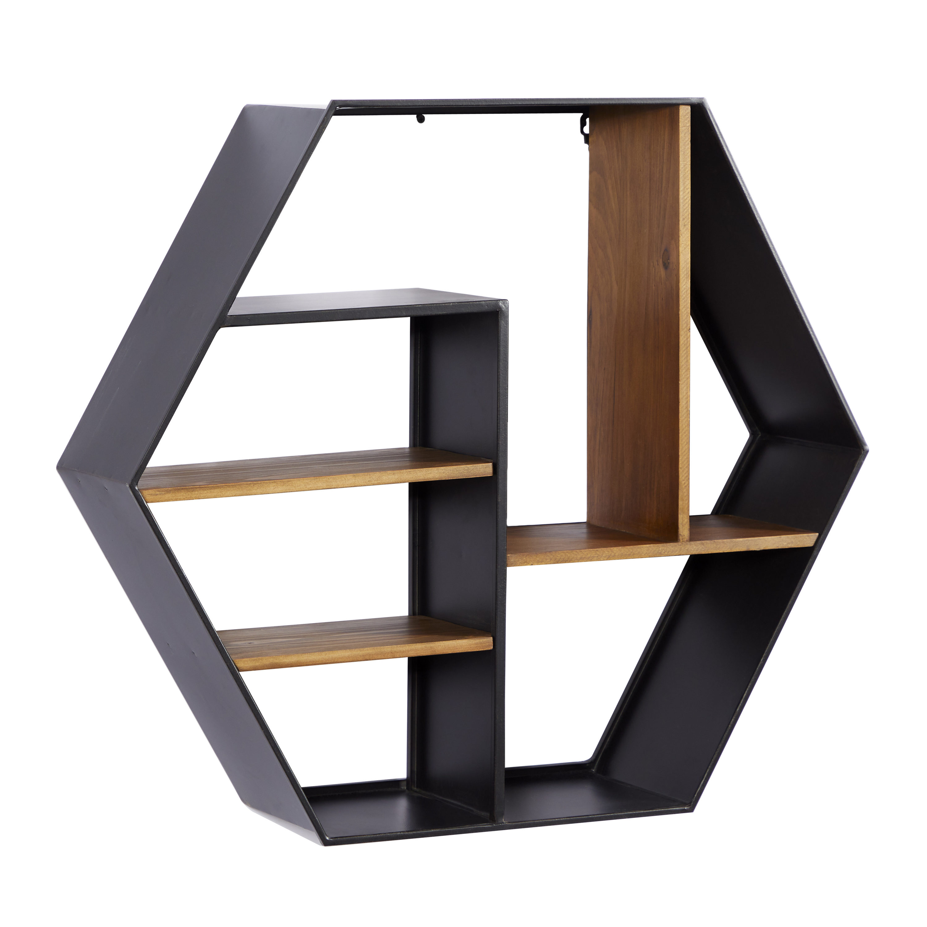 Saltoro Sherpi Wooden Wall Shelf and Hangers with Hexagonal Metal Frame,  Black and Brown