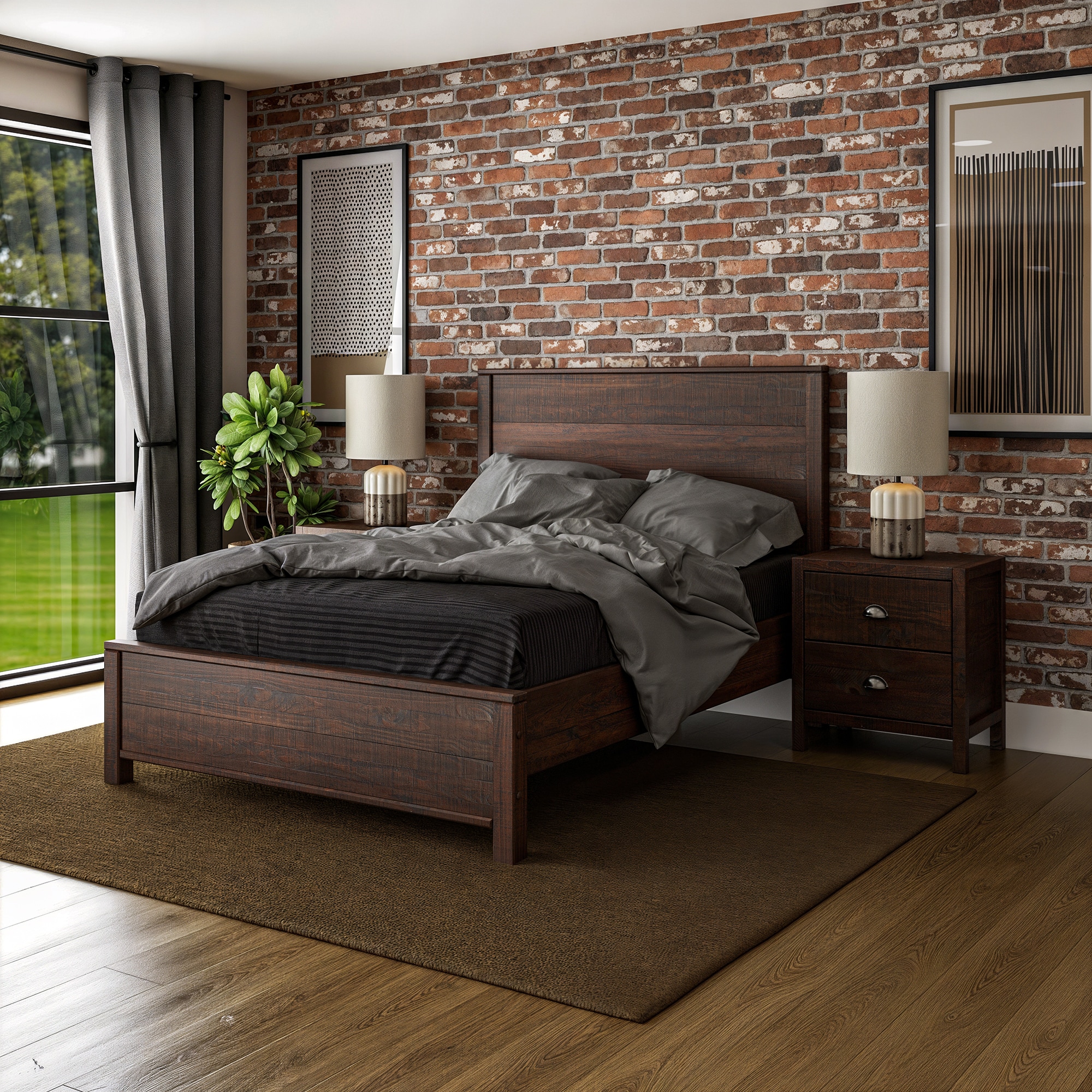 Full Walnut Wood Panel Bed with Headboard