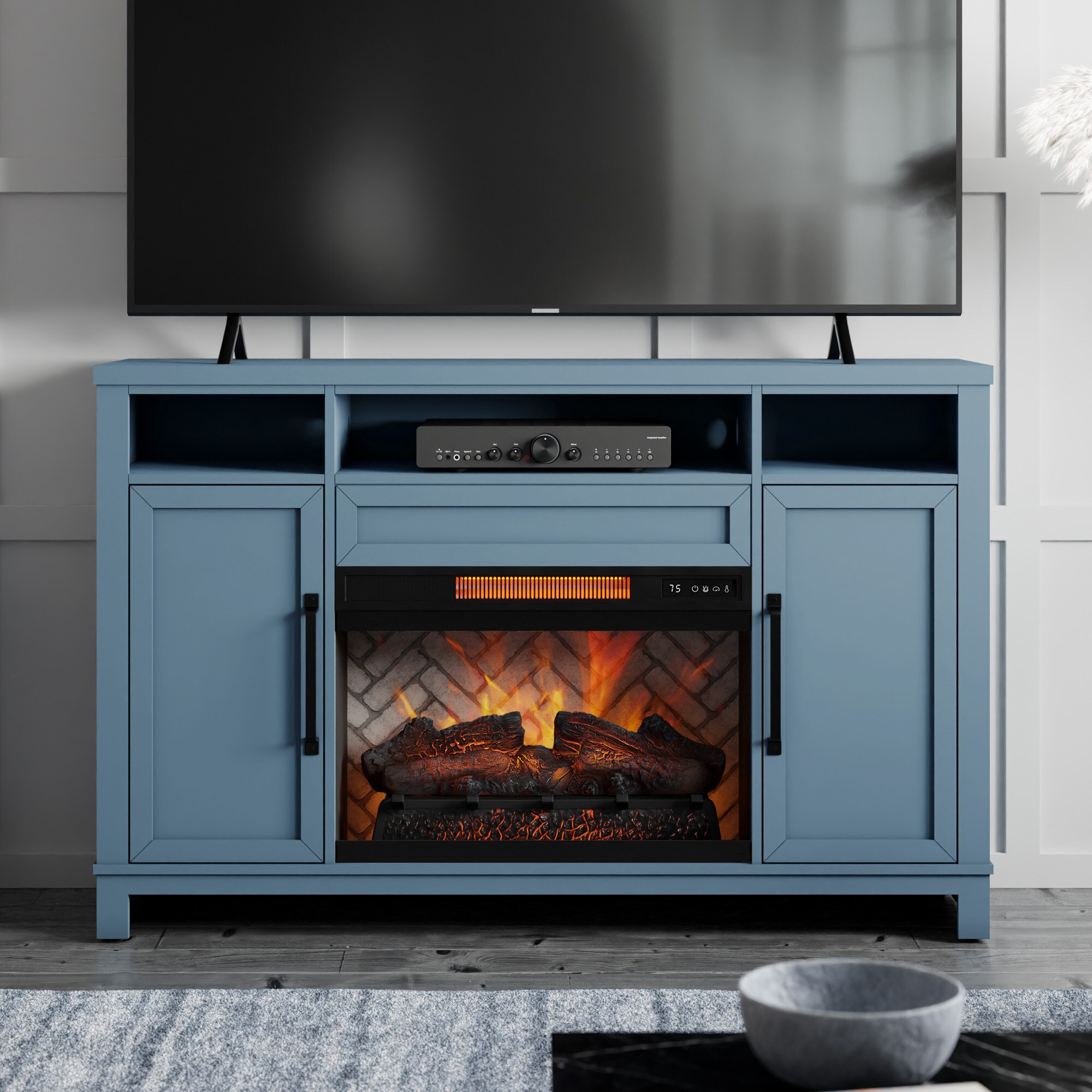 56-in W Chambray Infrared Quartz Electric Fireplace in Blue | - allen + roth 2242FM-26-318