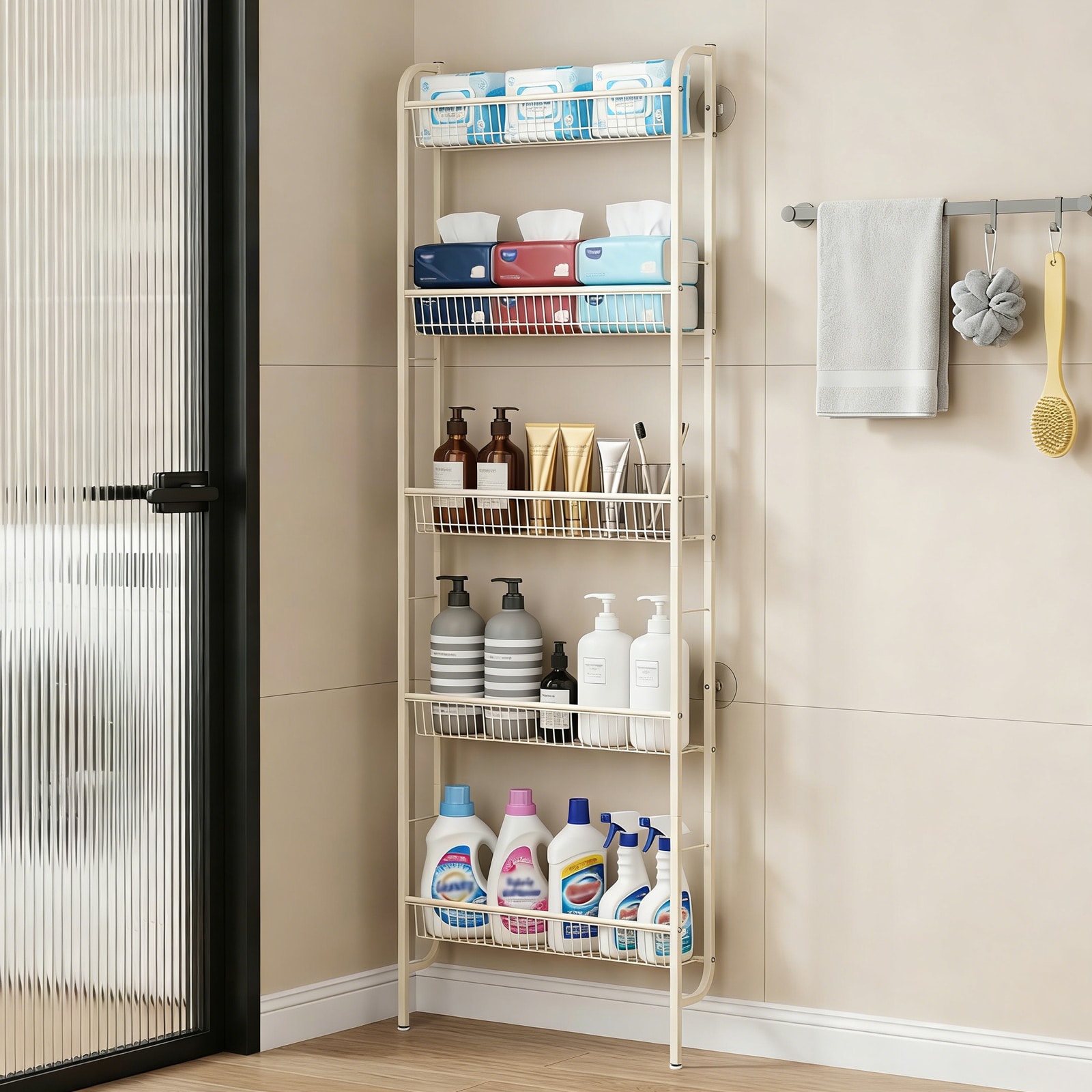 Garvee 62.8 Inch Tall Slim Door Caddy 5-Tier Over the Door Storage Organizer with 3.94 Inch Depth Wall Mounted Pantry Rack with Suction Cups for Kitchen Bathroom - Beige