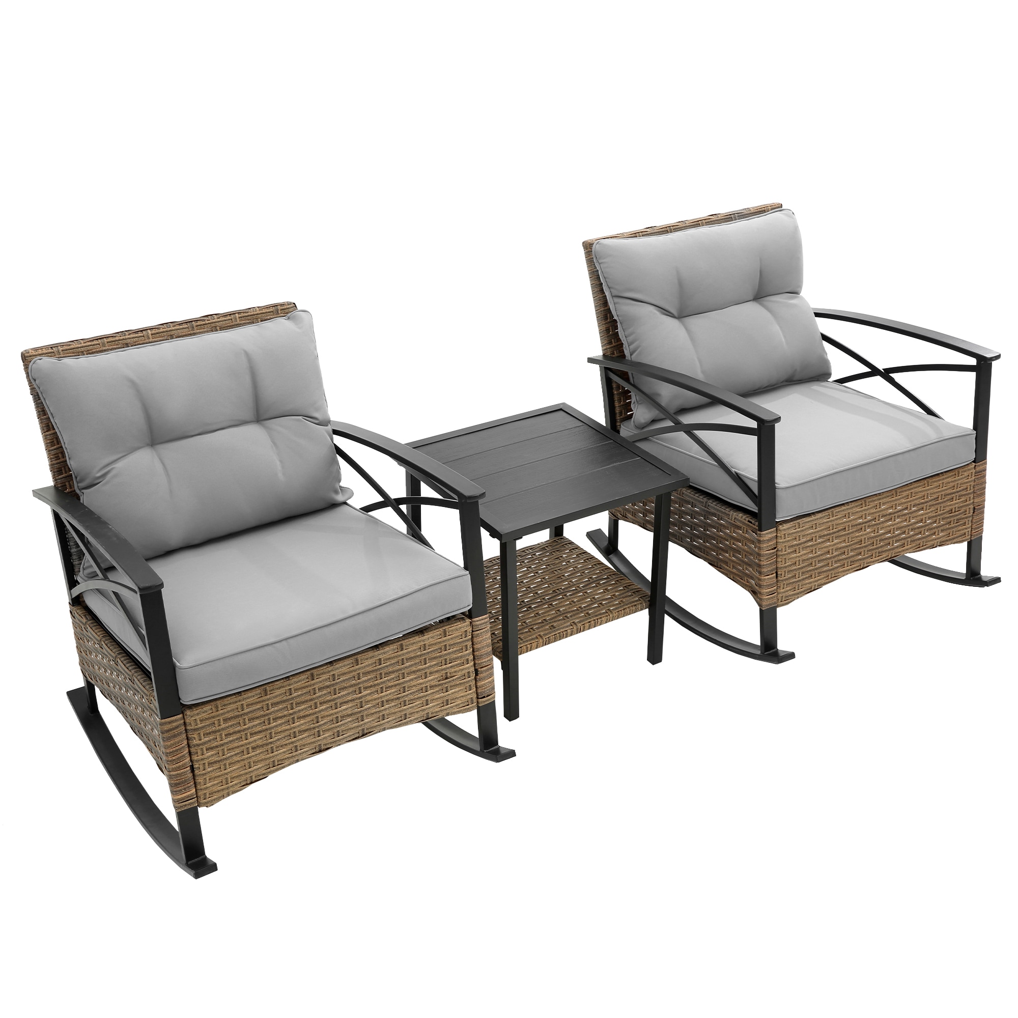 CASAINC WF-HW54777BK Rocking Rattan Set Leisure Chair Set of 2 Rattan Black Steel Frame Rocking Chair with Gray Cushioned Seat