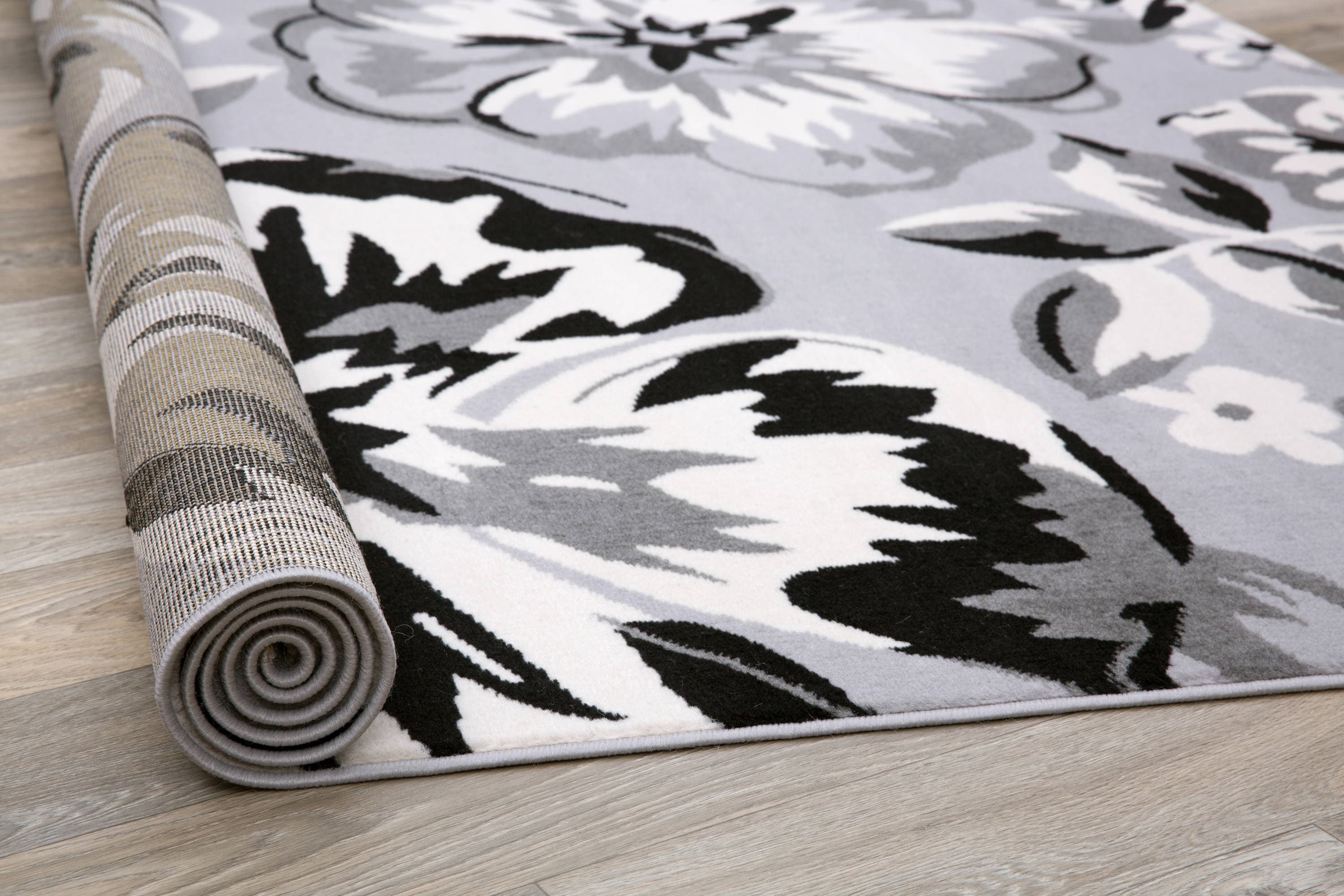 Gray Floral Rectangular Washable Synthetic Area Rug