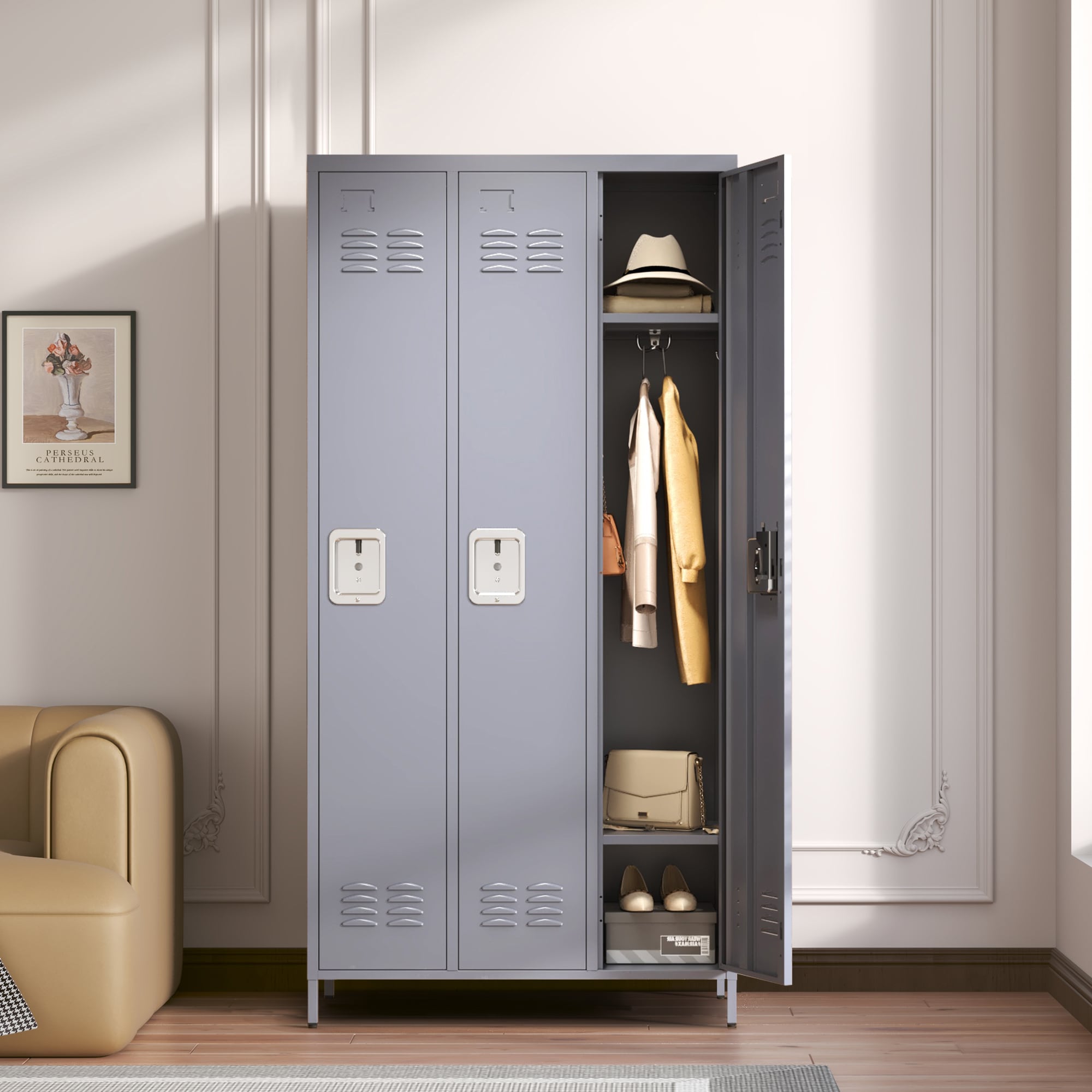 LUXEYARD 3 Door 72 inch H Metal Lockers With Lock for Employees Storage Locker Cabinet for Garage Gray #DS-R-8P151995