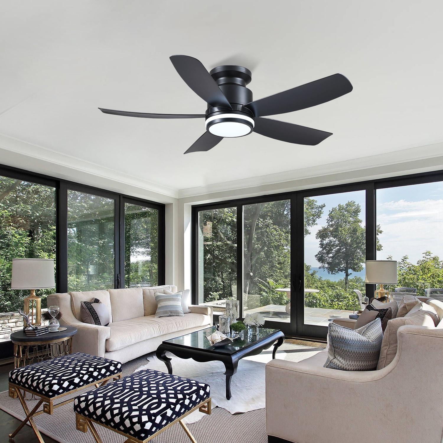 Kviflon - 41 in Black Flush Mount Ceiling Fan with Light Modern Low Profile Ceiling Fan Quiet Rev...