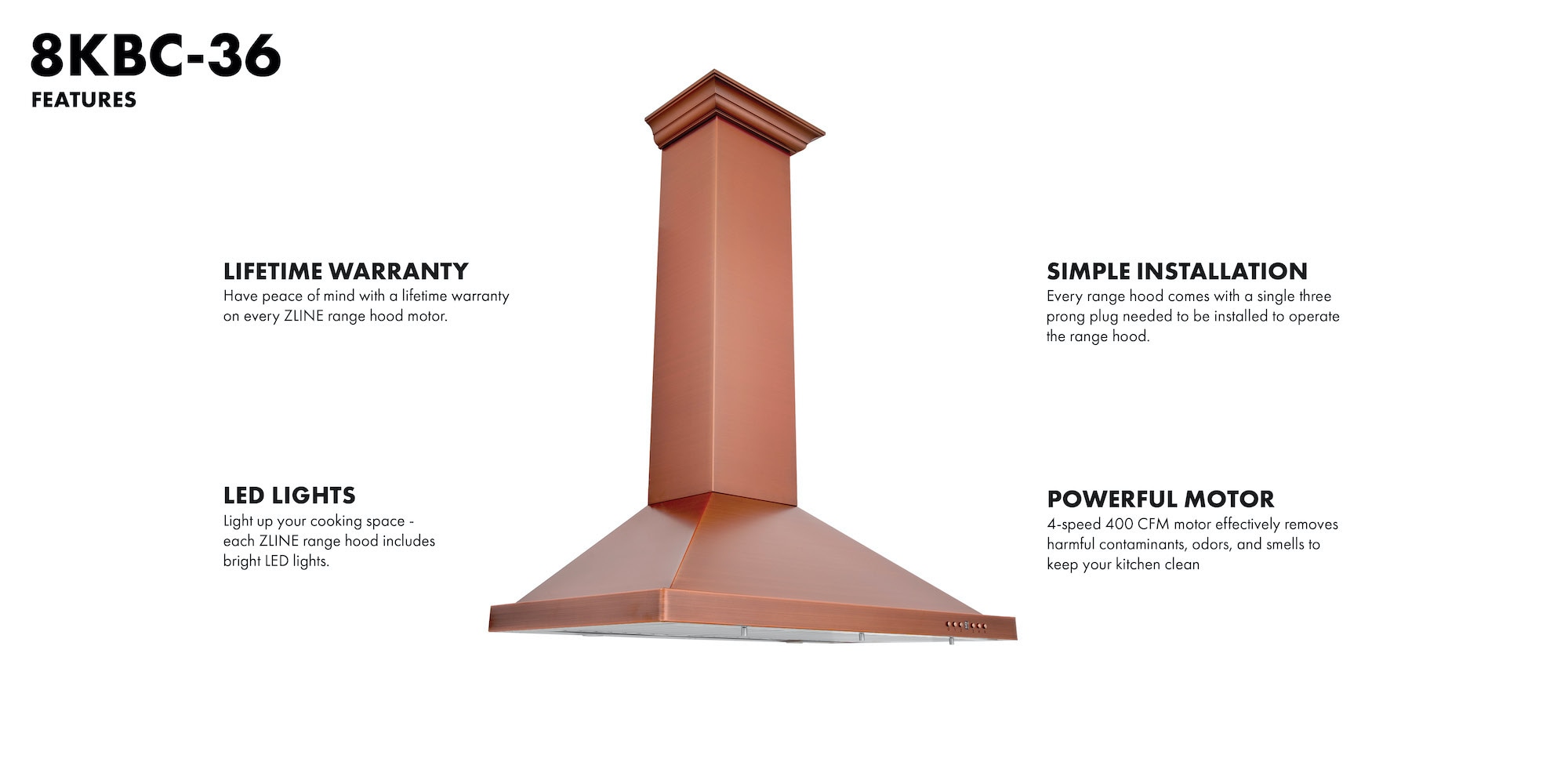 36" Copper Convertible Wall Mount Range Hood with Charcoal Filter