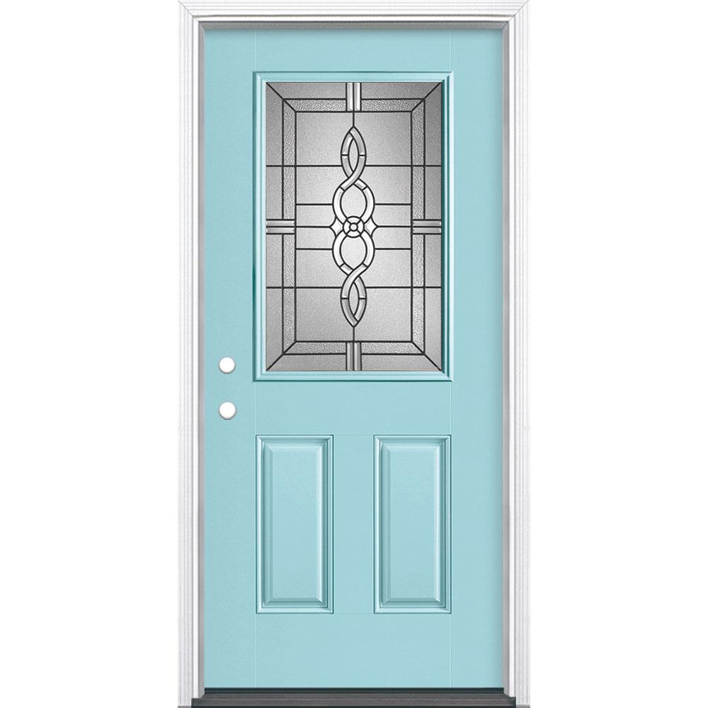 Masonite 997617 Calista 36-in x 80-in Fiberglass Half Lite Right-Hand Inswing Caribbean Blue Painted Single Front Door with Brickmould Insulating Core