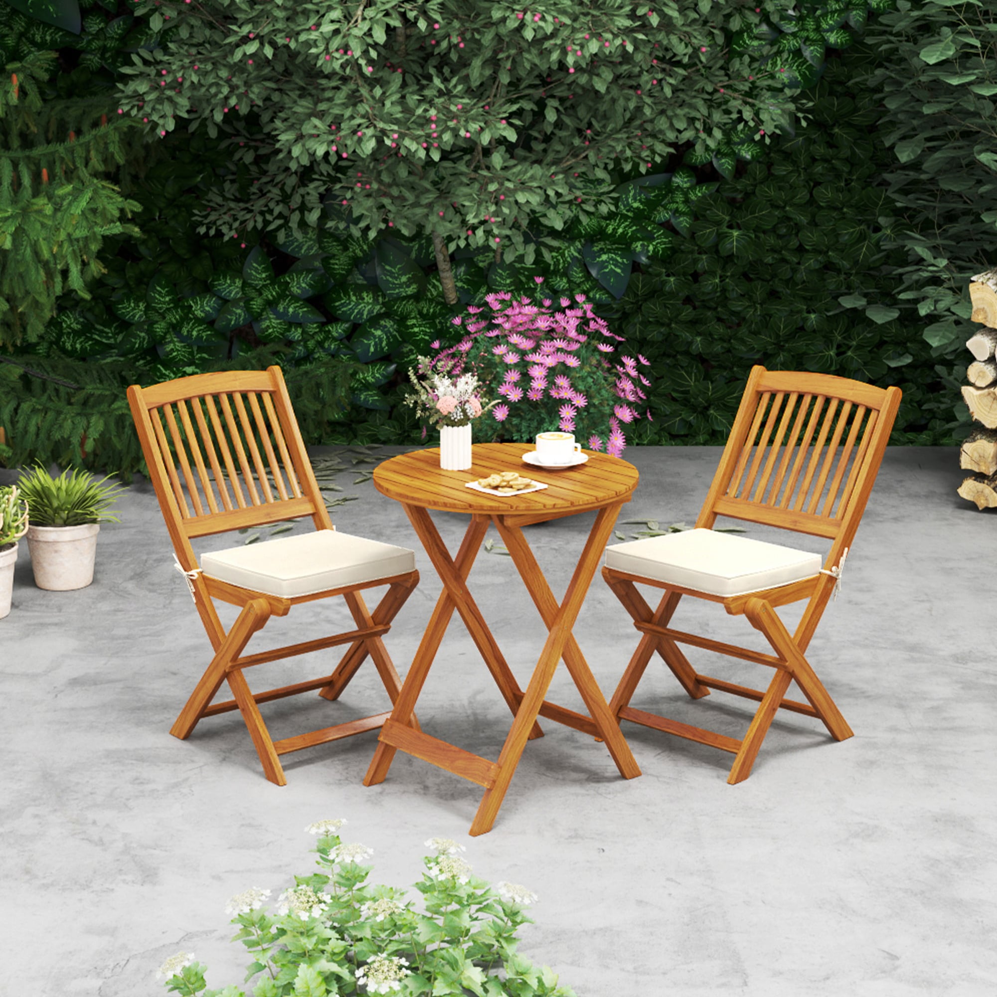 Costway 2 -Pack Brown Wood Frame Padded Polyester Seat Outdoor