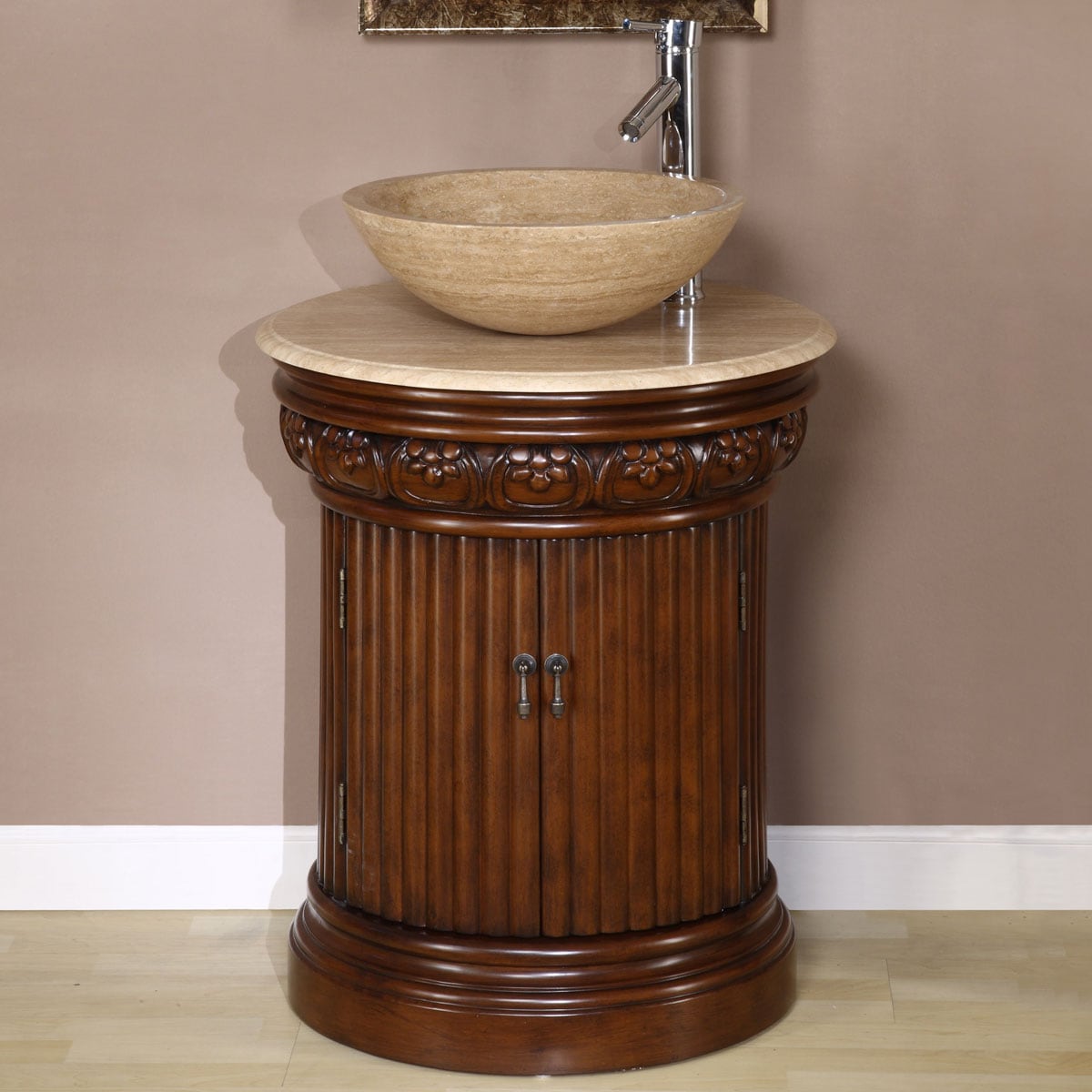 24-in English Chestnut Single Sink Bathroom Vanity with Travertine Top in Brown | - Silkroad Exclusive HYP-0160-T-24-S29B