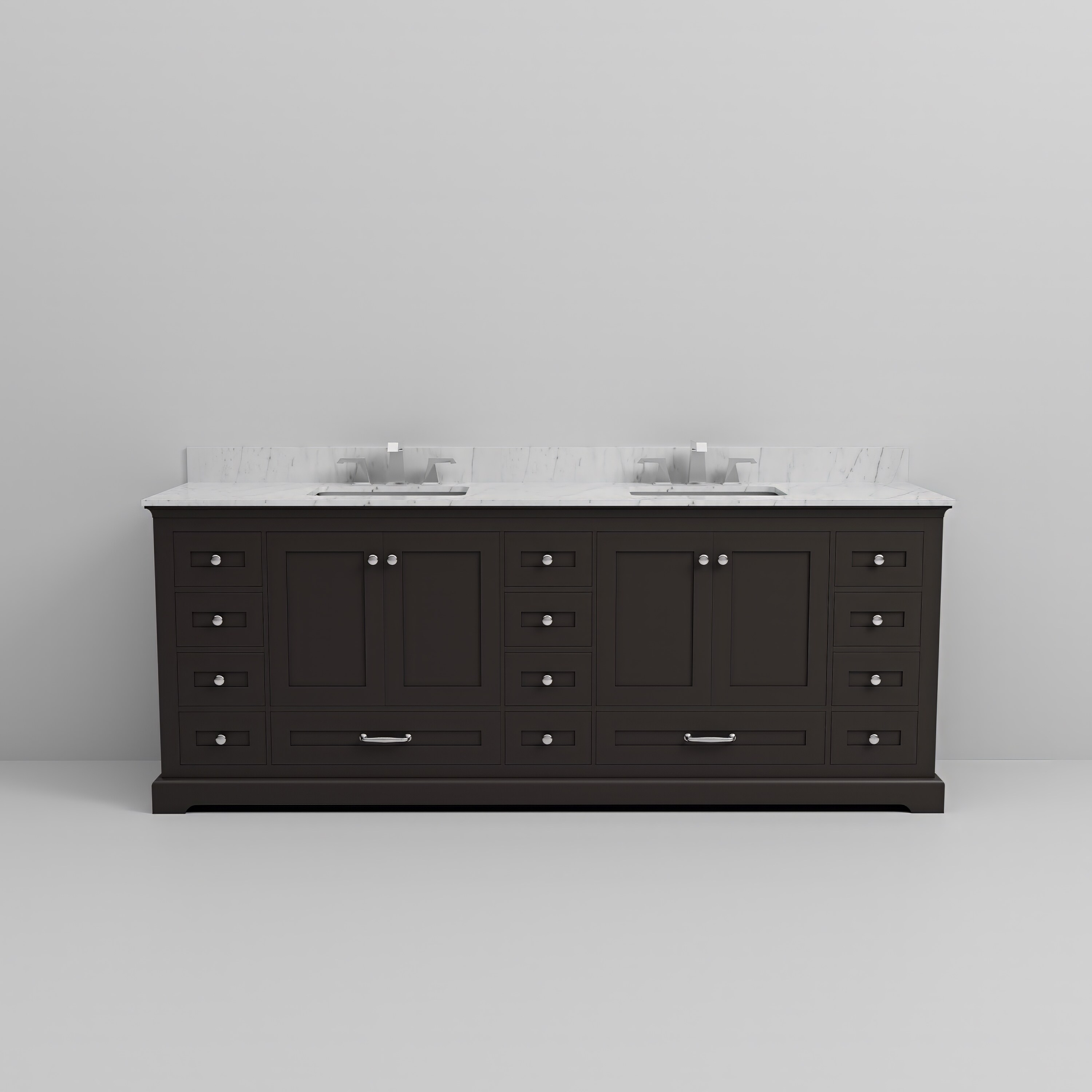 Vanityfus 84 in. W x 22 in. D Espresso Brown Double Basin Vanity Carrara Marble Top and 8-in Chrome Faucet Set