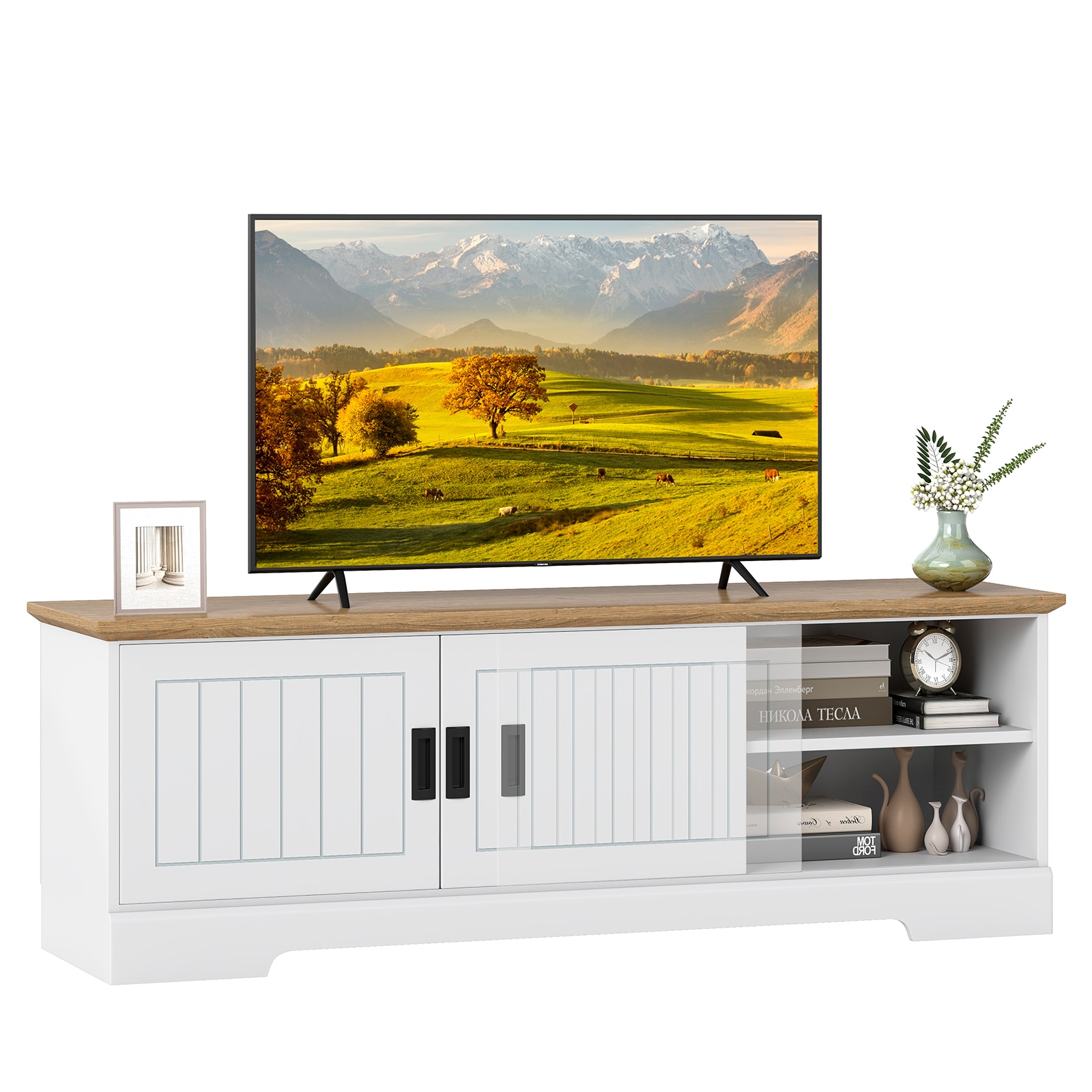 Slickblue Farmhouse TV Stand Accommodates TVs Upto 65 inch with Sliding Barn Doors and Adjustable Shelves for Living Room